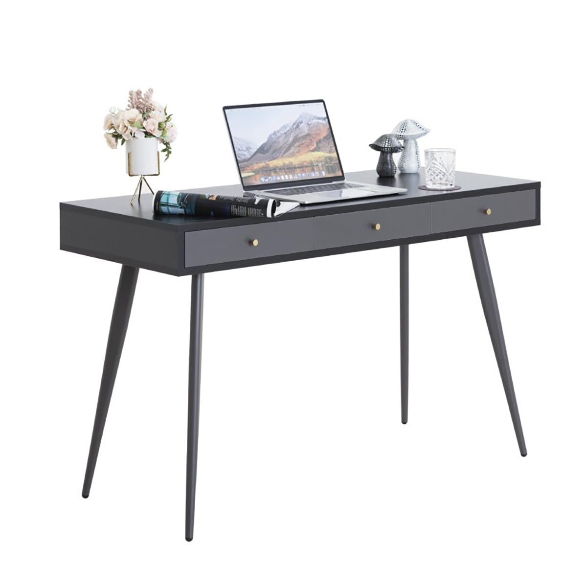 Modern Mid Century Desk 47" | Computer Desk with 3 Drawers, Black Wood Board with Oak Grain (Black Oak + Dark Grey),for Home Office - Atlantic Fine Furniture Inc