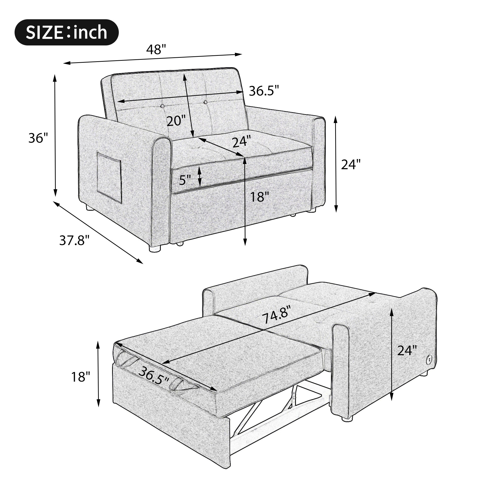 Orisfur. 48" Convertible Sleeper Sofa Bed, Multi-Functional Adjustable Single Bed Chair with USB Port and 2 Pillows for Small Space - Atlantic Fine Furniture Inc