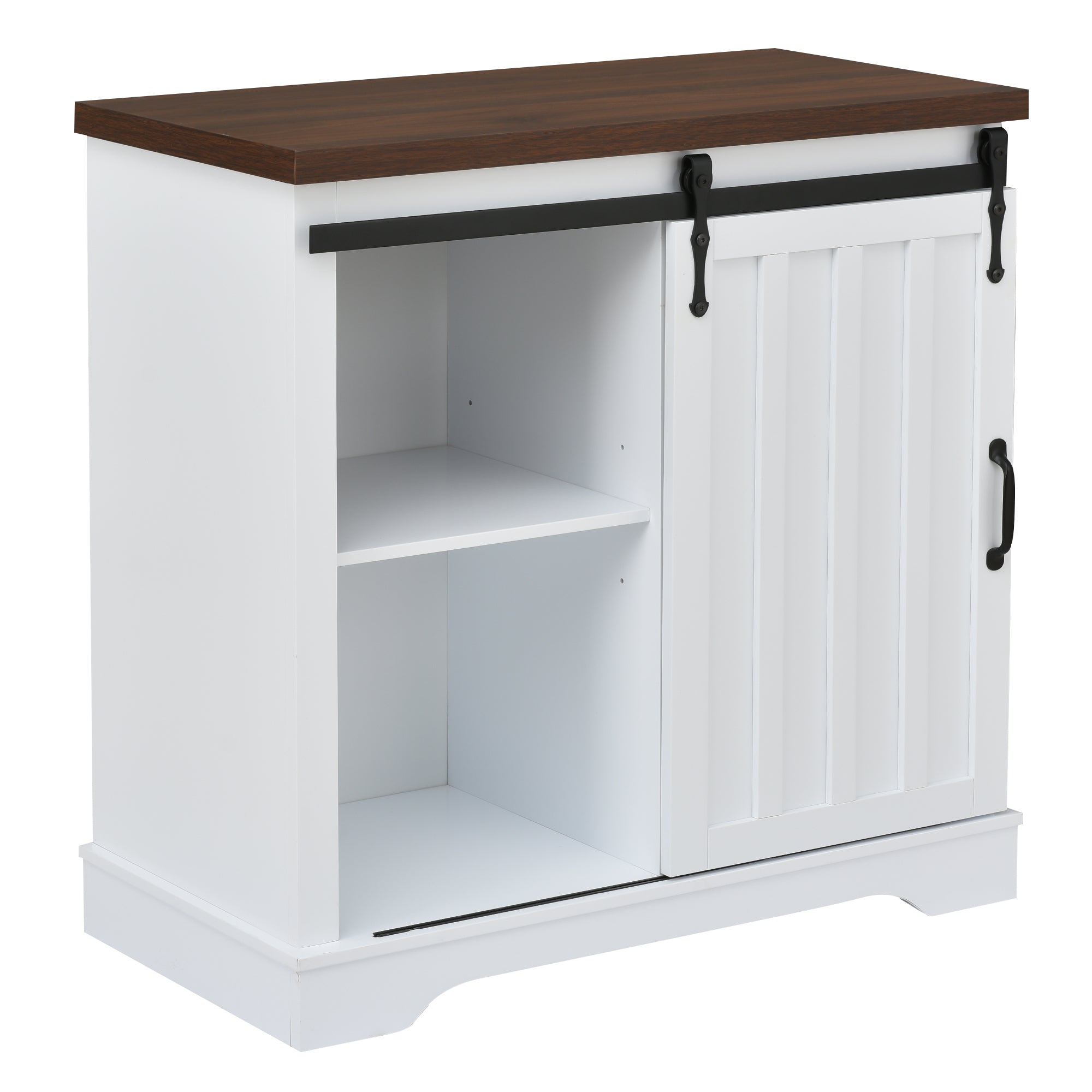 Bathroom Storage Cabinet, Freestanding Accent Cabinet, Sliding Barn Door, Thick Top, Adjustable Shelf, White and Brown - Atlantic Fine Furniture Inc