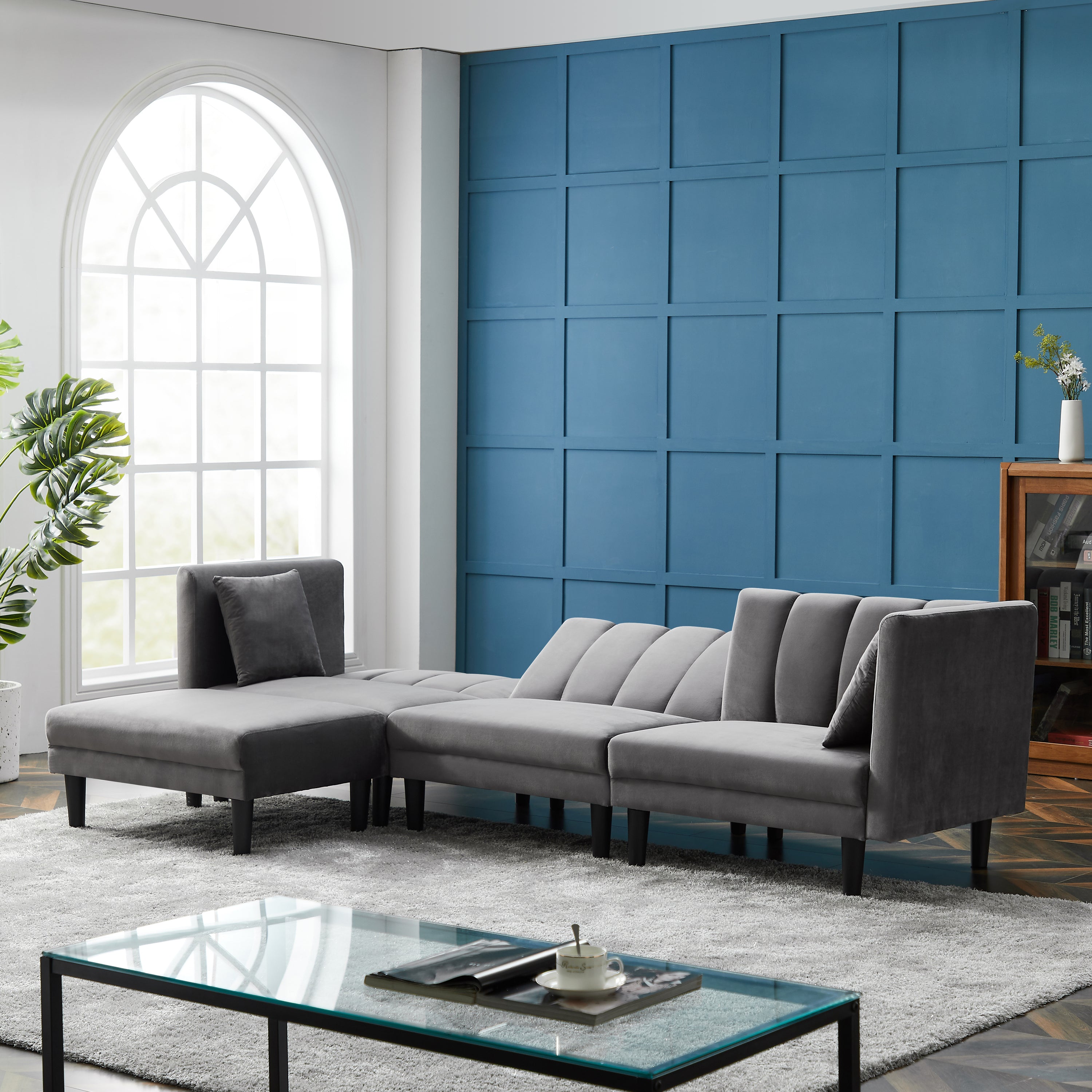 REVERSIBLE SECTIONAL SOFA SLEEPER WITH 2 PILLOWS DARK GREY VELVET(K223S00005) - Atlantic Fine Furniture Inc