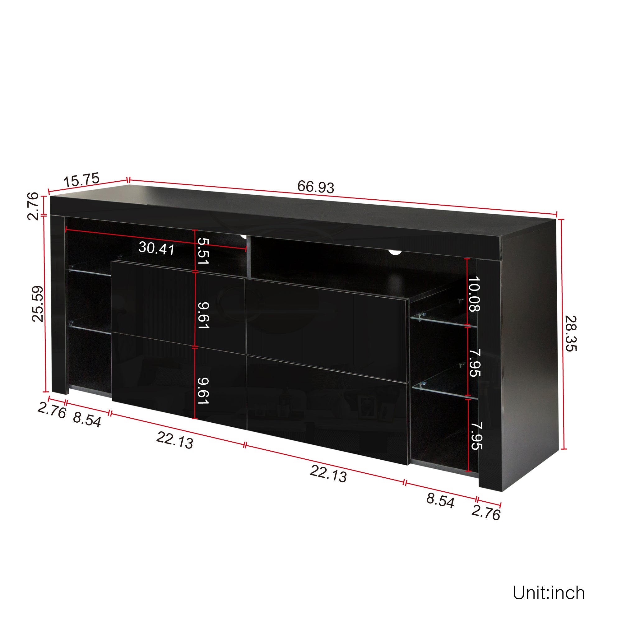 Black Modern contracted LED TV Cabinet with Storage Drawers,4 Storage Cabinet with Open Shelves for Living Room Bedroom - Atlantic Fine Furniture Inc