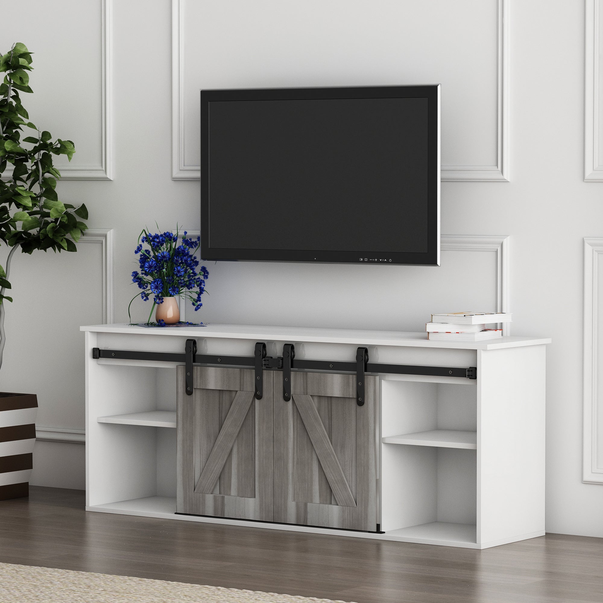 The television cabinet with an electronic fireplace,with Farmhouse Sliding Barn Door ,for TV up to +65 Inch Flat Screen Media Console Table Storage Cabinet Wood Entertainment Center Sturdy - Atlantic Fine Furniture Inc