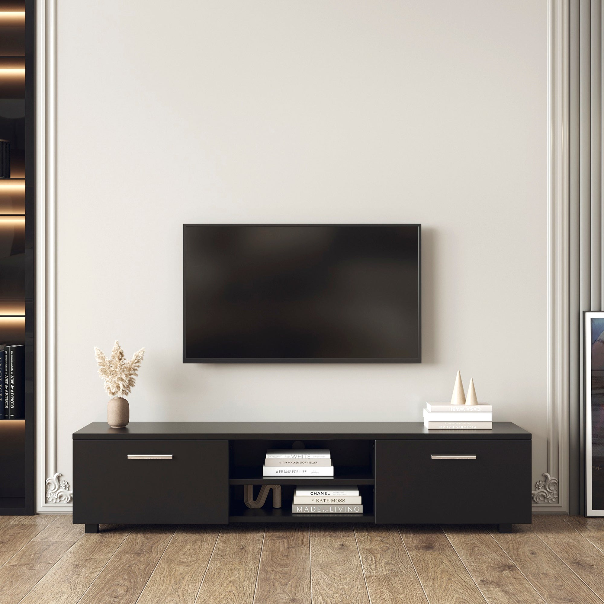 Black TV Stand for 70 Inch TV Stands, Media Console Entertainment Center Television Table, 2 Storage Cabinet with Open Shelves for Living Room Bedroom - Atlantic Fine Furniture Inc