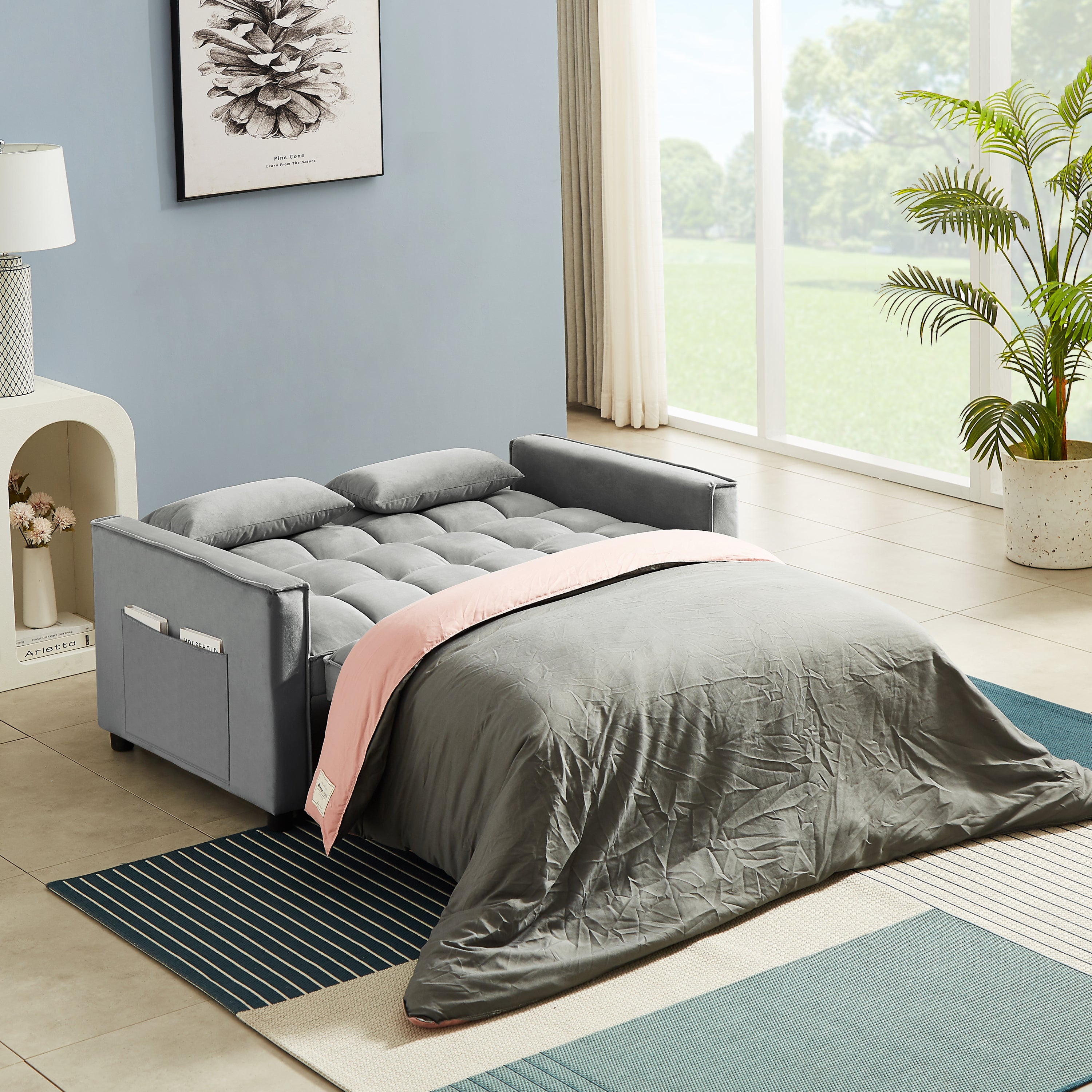 Modern Velvet Convertible Loveseat Sleeper Sofa Couch with Adjustable Backrest, 2 Seater Sofa With Pull-Out Bed with 2 Lumbar Pillows For Small Living Room & Apartment - Atlantic Fine Furniture Inc
