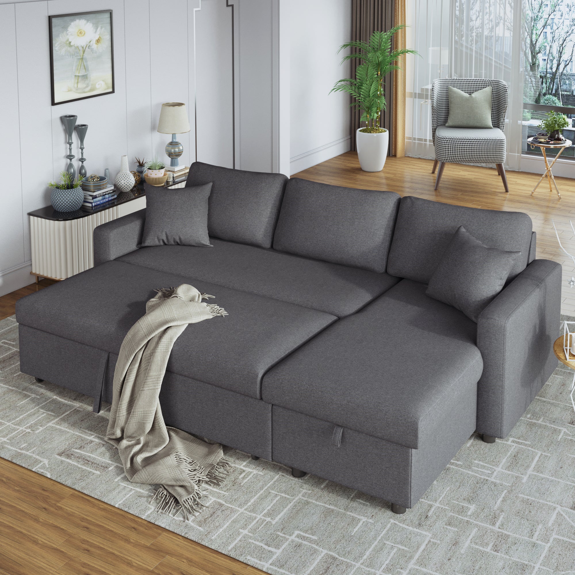 U_STYLE Upholstery Sleeper Sectional Sofa Grey with Storage Space, 2 Tossing Cushions - Atlantic Fine Furniture Inc