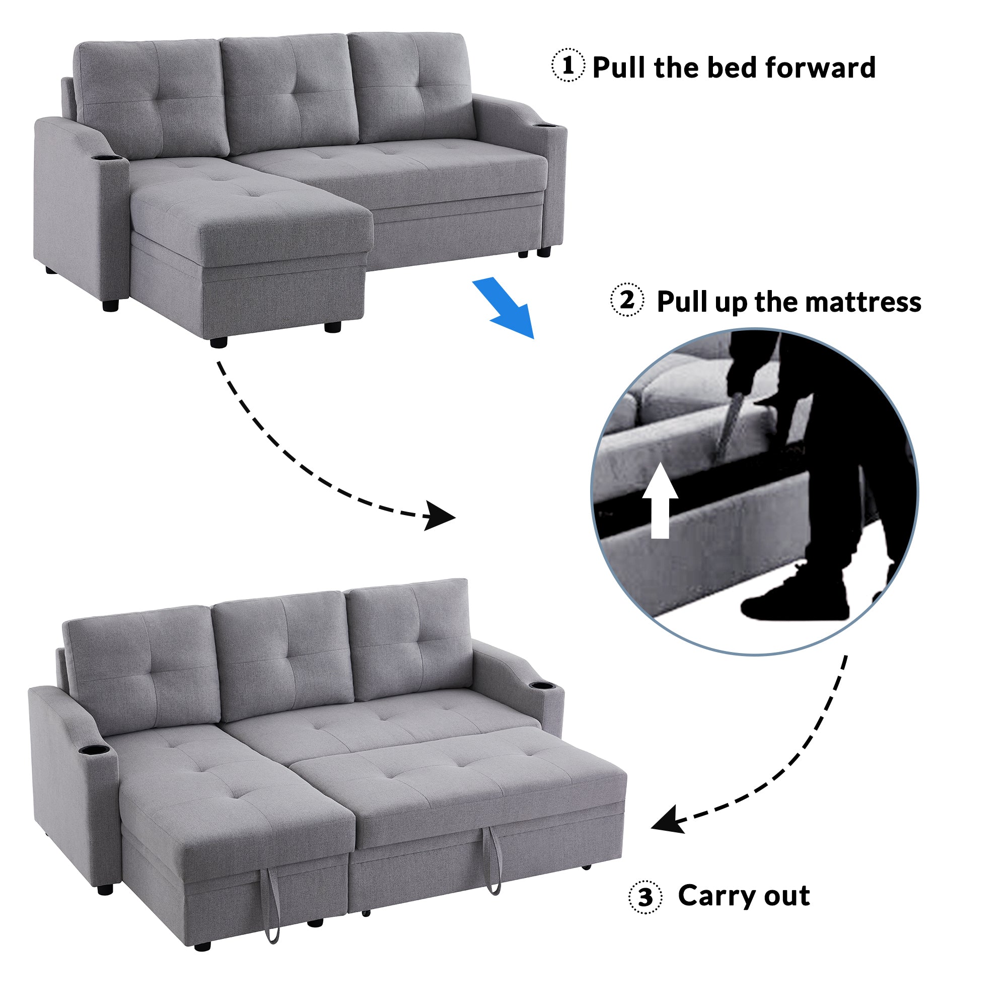 Orisfur. 81" Sleeper Sofa Bed Reversible Sectional Couch with Storage Chaise and Two Cup Holders for Living Room Furniture Set - Atlantic Fine Furniture Inc
