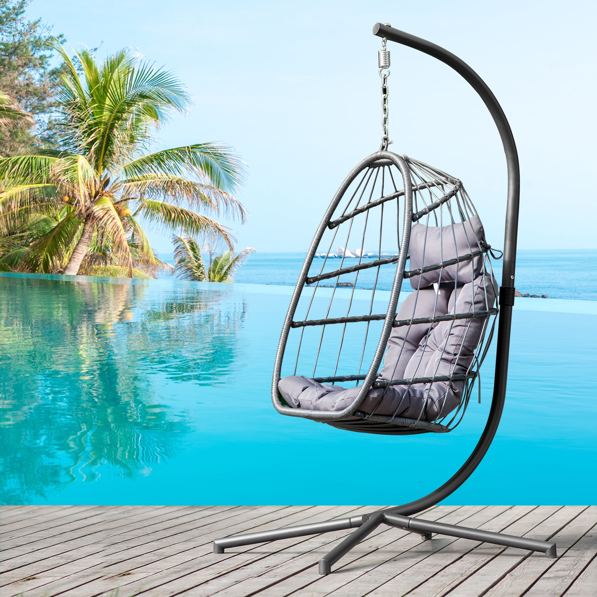 In door outdoor patio Wicker Hanging Chair Swing Chair Patio Egg Chair UV Resistant grey cushion Aluminum frame - Atlantic Fine Furniture Inc