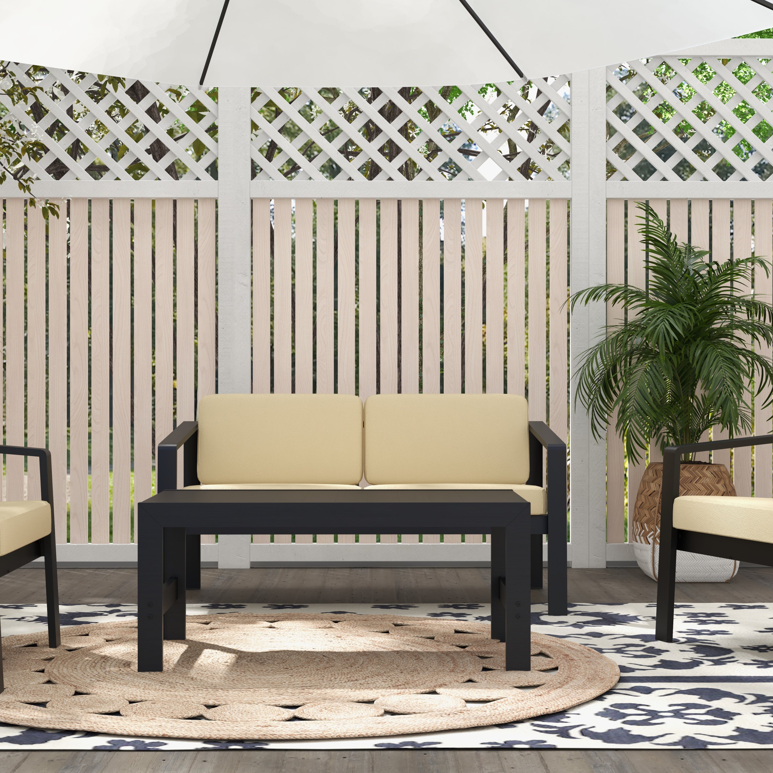Outdoor Patio Furniture Double Armchair with Cushions in stripe for Restaurant Outdoor courtyard Garden Open-air balcony Poolside,Black aluminum fram,Modern Design - Atlantic Fine Furniture Inc