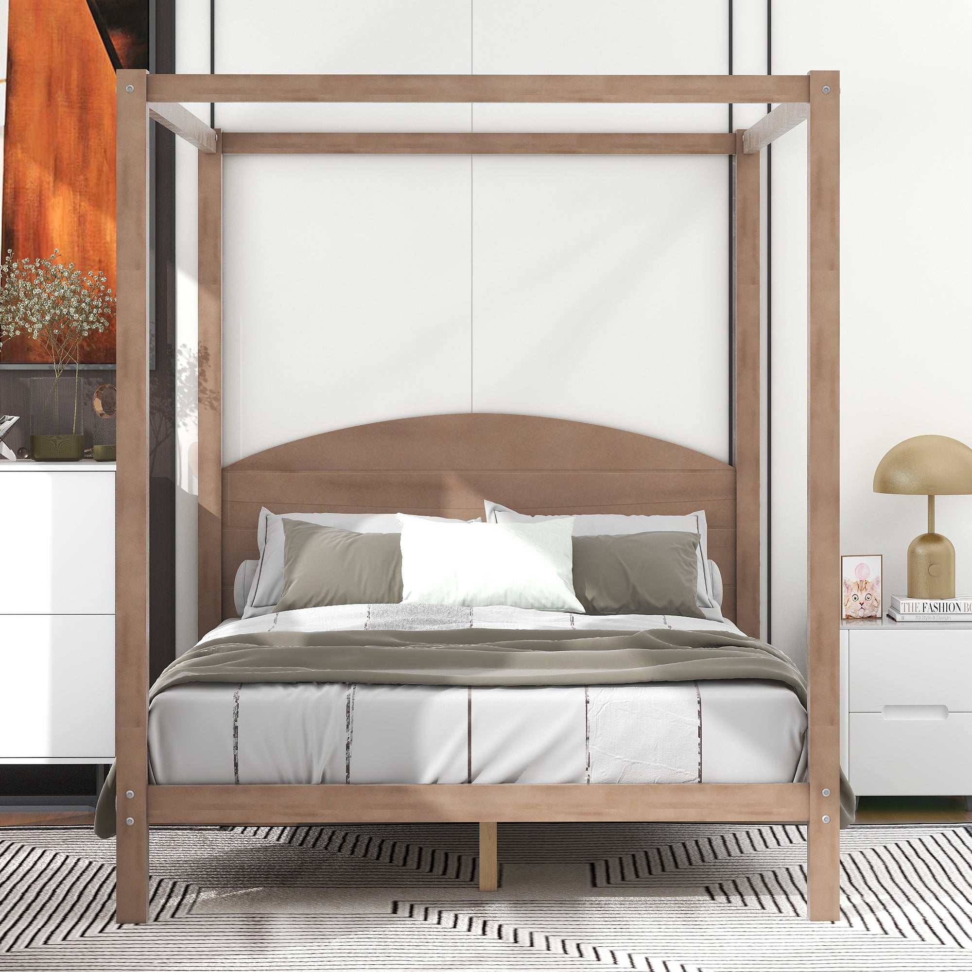 Queen Size Canopy Platform Bed with Headboard and Support Legs,Brown Wash - Atlantic Fine Furniture Inc