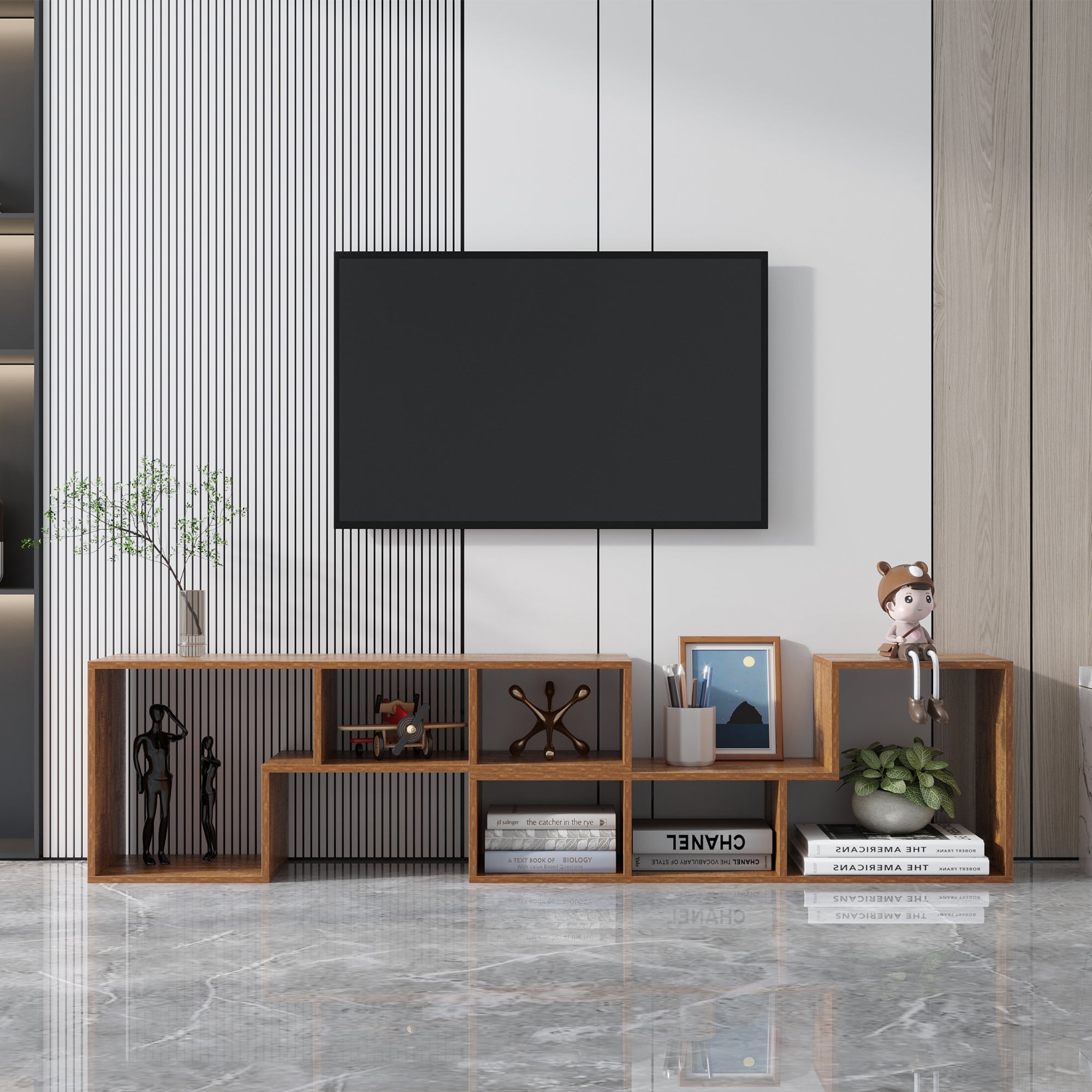 Double L-Shaped TV Stand,Display Shelf ,Bookcase for Home Furniture,Walnut - Atlantic Fine Furniture Inc
