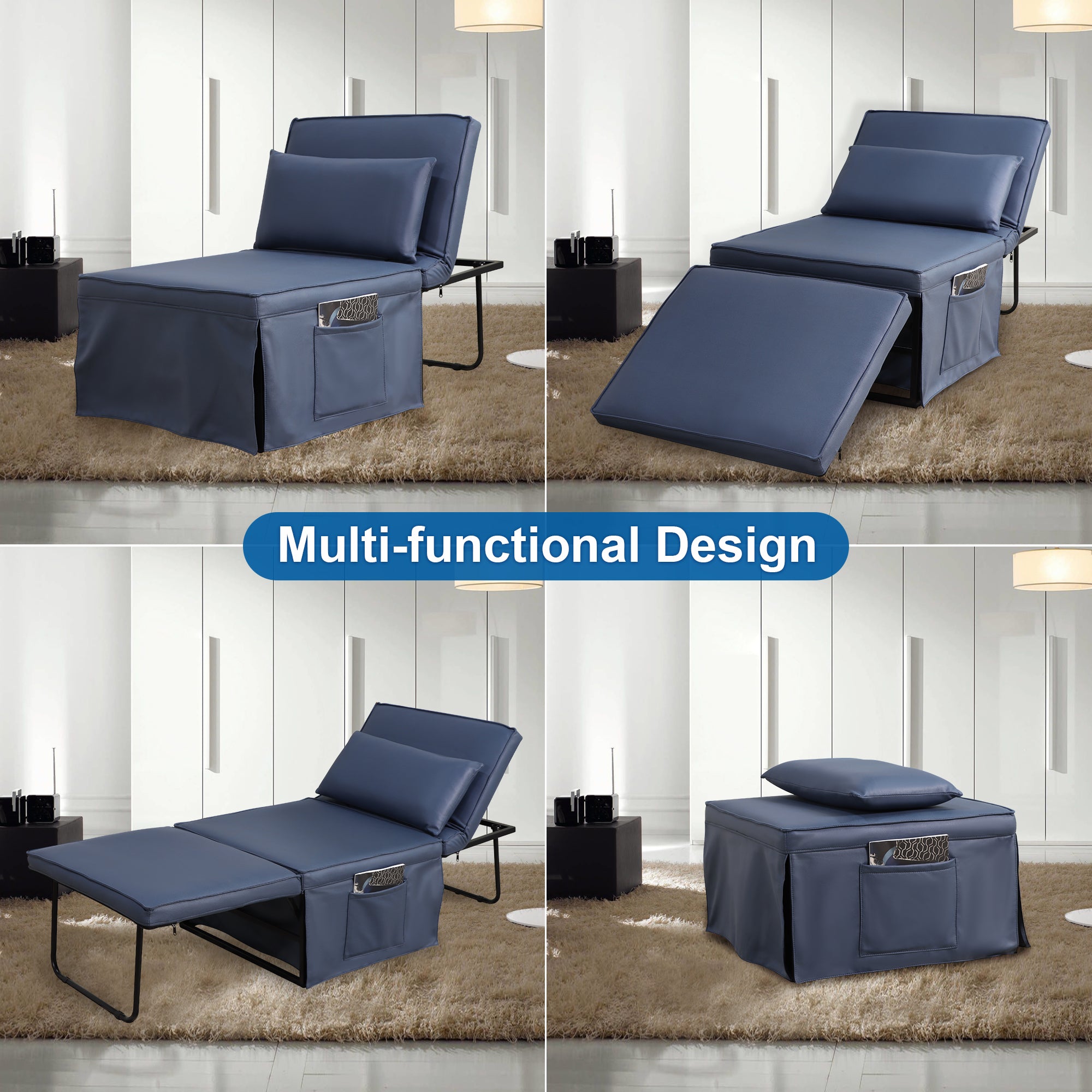 Sofa Bed 4 in 1 Ottoman Sleeper Bed Convertible Chair Bed with Adjustable Back Breathable Sleeper Guest Bed for Small Room, Blue - Atlantic Fine Furniture Inc