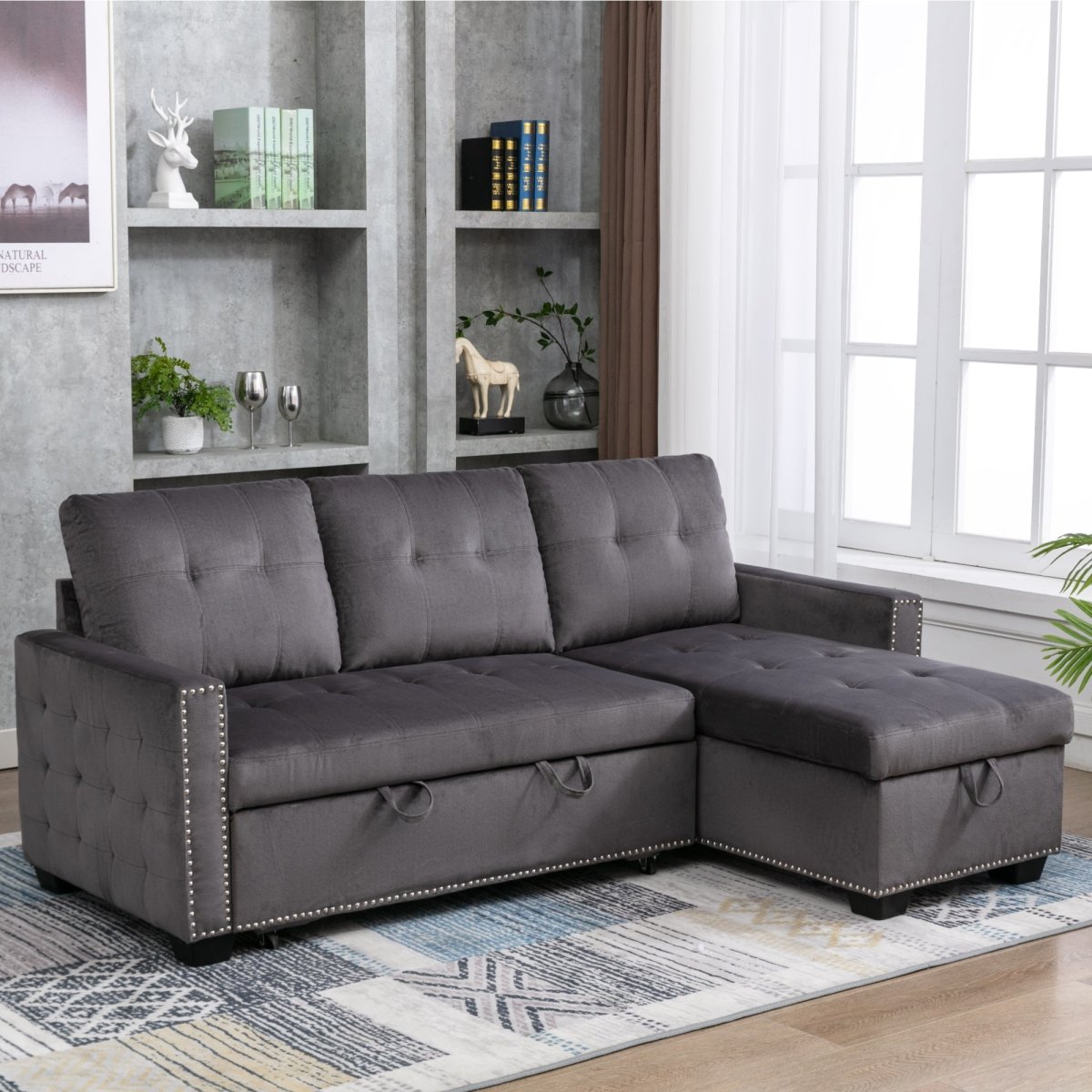 77 Inch Reversible Sectional Storage Sleeper Sofa Bed , L-Shape 2 Seat Sectional Chaise With Storage , Skin-Feeling Velvet Fabric ,Dark Grey Color For Living Room Furniture - Atlantic Fine Furniture Inc