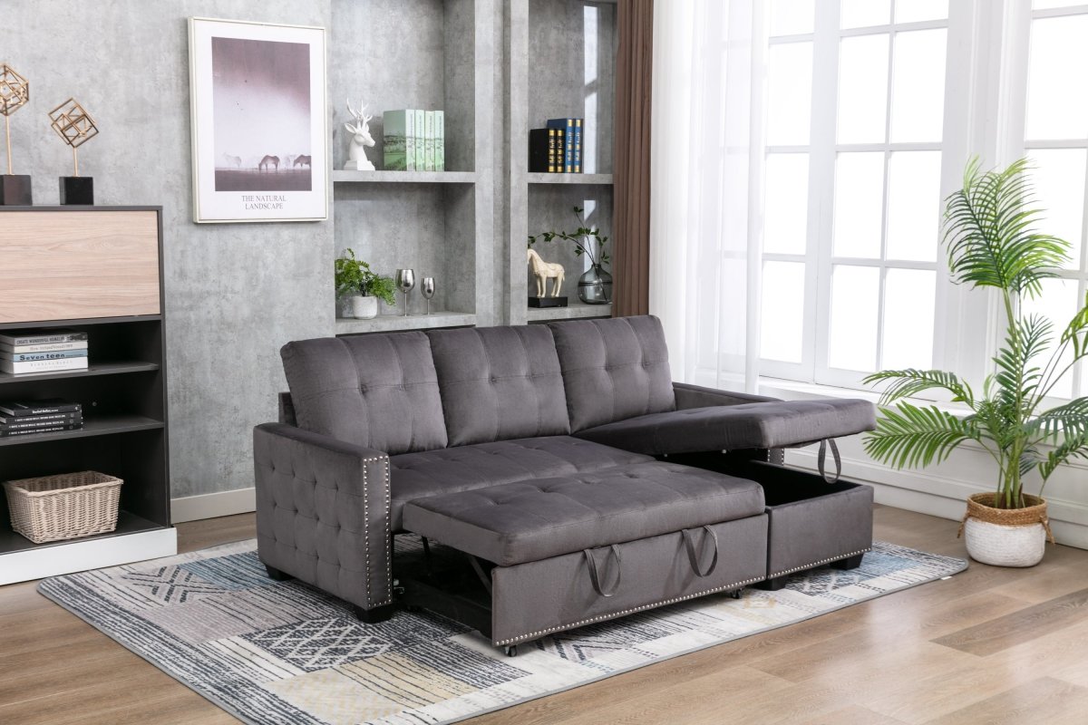 77 Inch Reversible Sectional Storage Sleeper Sofa Bed , L-Shape 2 Seat Sectional Chaise With Storage , Skin-Feeling Velvet Fabric ,Dark Grey Color For Living Room Furniture - Atlantic Fine Furniture Inc