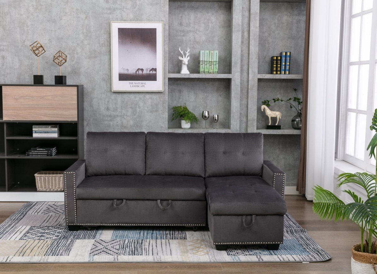 77 Inch Reversible Sectional Storage Sleeper Sofa Bed , L-Shape 2 Seat Sectional Chaise With Storage , Skin-Feeling Velvet Fabric ,Dark Grey Color For Living Room Furniture - Atlantic Fine Furniture Inc