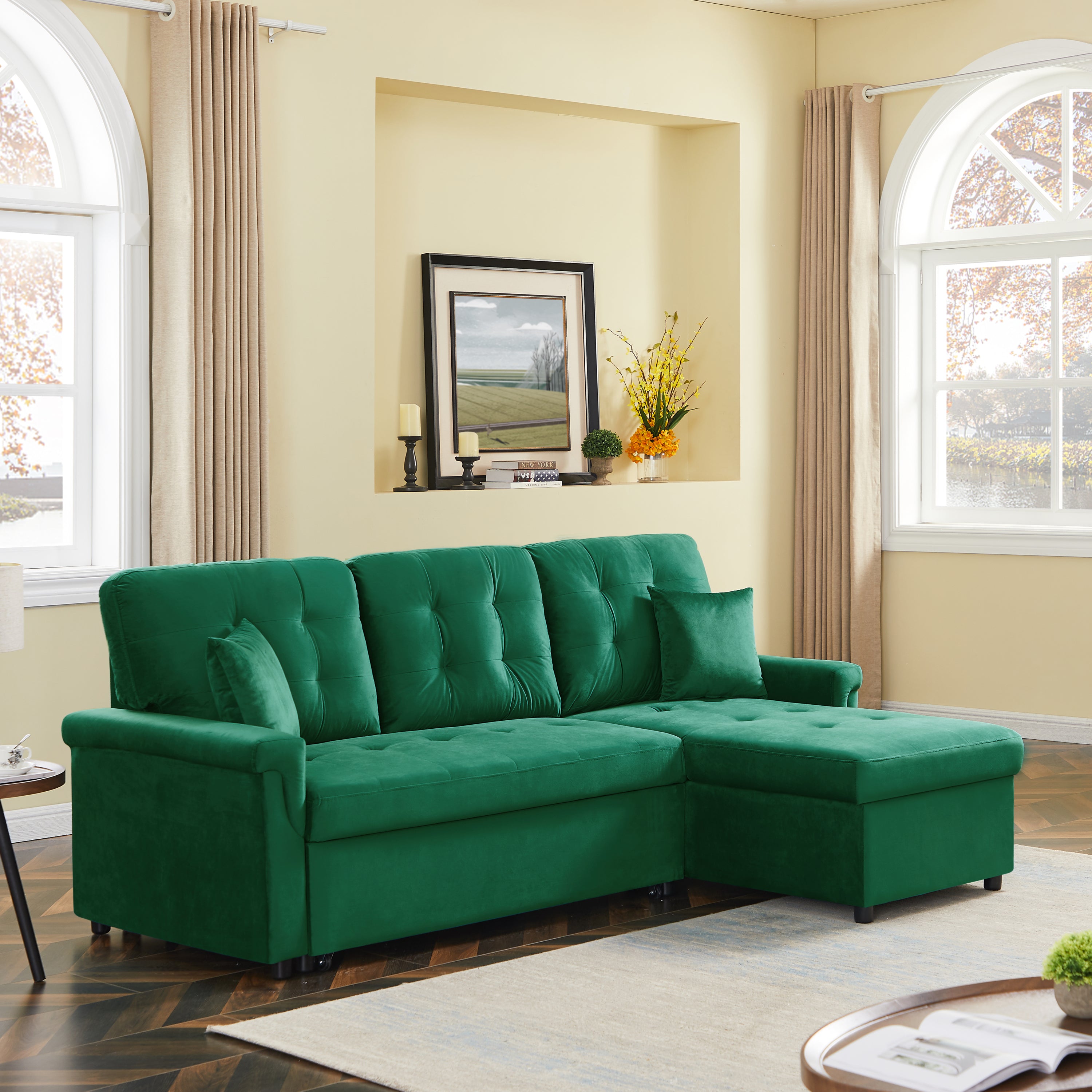 Velvet Reversible Sectional Sofa with Pull Out sleeper, L-Shaped Couch Chaise with Storage For Living Room & Apartment - Atlantic Fine Furniture Inc