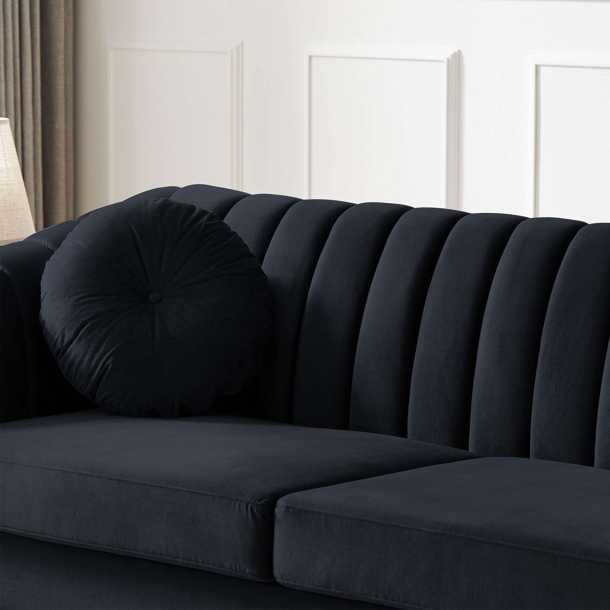 MH Modern Velvet Upholstered Sofa Couch, 3 Seat Tufted Back with Nail Arms, Solid wood Legs, Sleeper Sofa for Living Room, Compact Living Space, Apartment, Bonus Room, Black - Atlantic Fine Furniture Inc