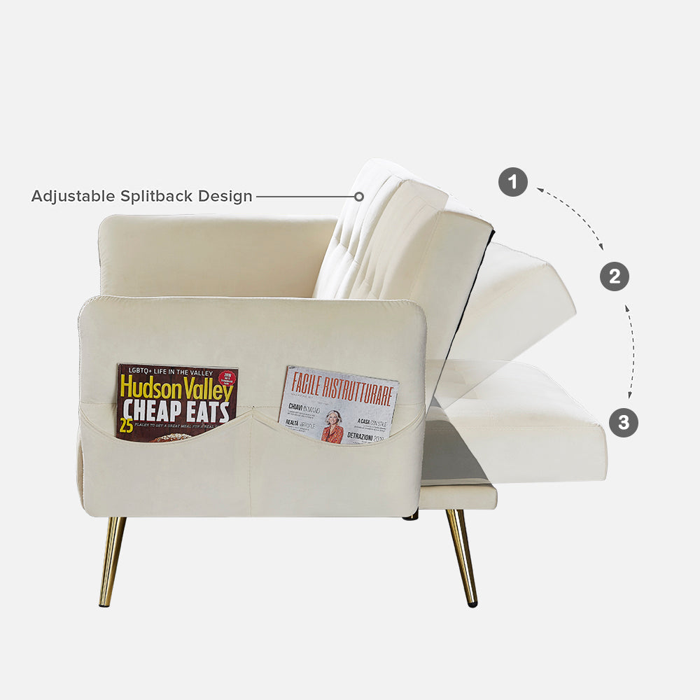 Winforce factory directly supply 280g Italian velvet folding sofa bed, foldable armrests with magazine bags futon, 78inch sleeper sofa, beige velvet - Atlantic Fine Furniture Inc
