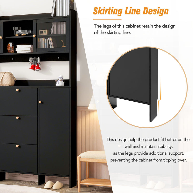 On-Trend Contemporary Shoe Cabinet With Open Storage Platform, Tempered Glass Hall Tree With 3 Flip Drawers, Versatile Tall Cabinet With 4 Hanging Hooks For Hallway, Black