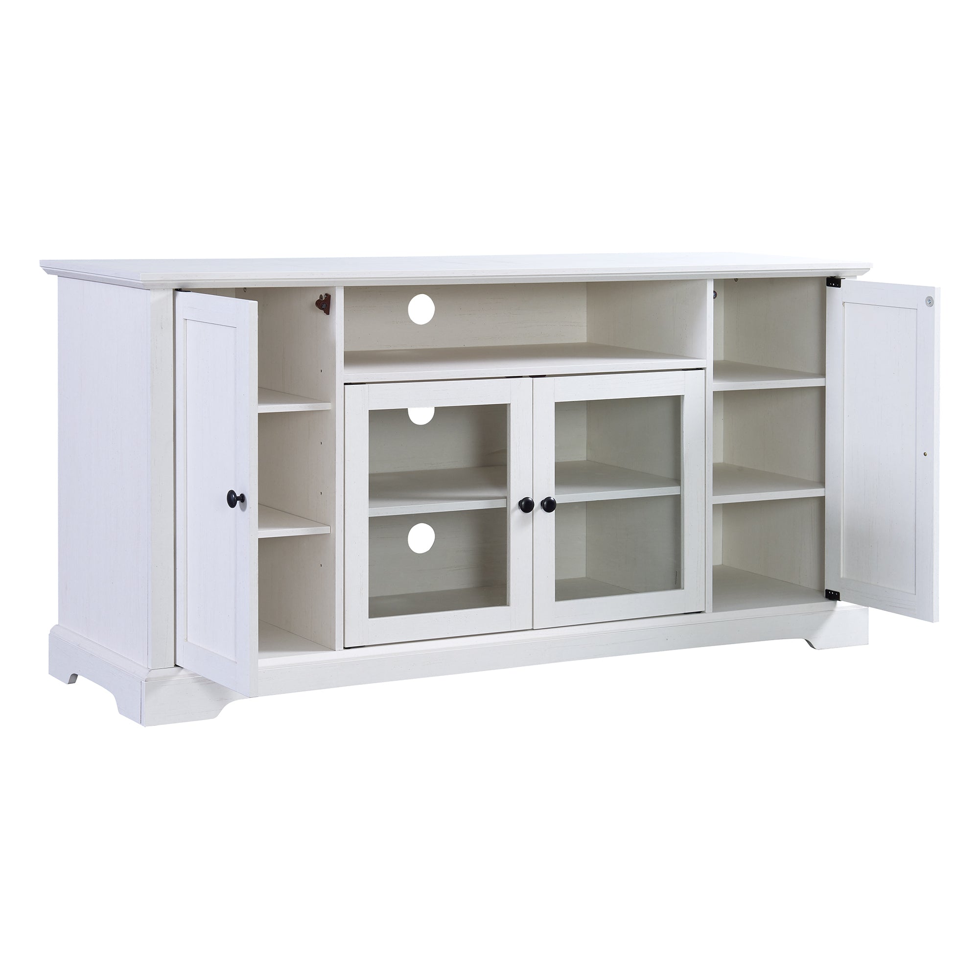 U-Can TV Stand for TV up to 65in with 2 Tempered Glass Doors Adjustable Panels Open Style Cabinet, Sideboard for Living room, White - Atlantic Fine Furniture Inc