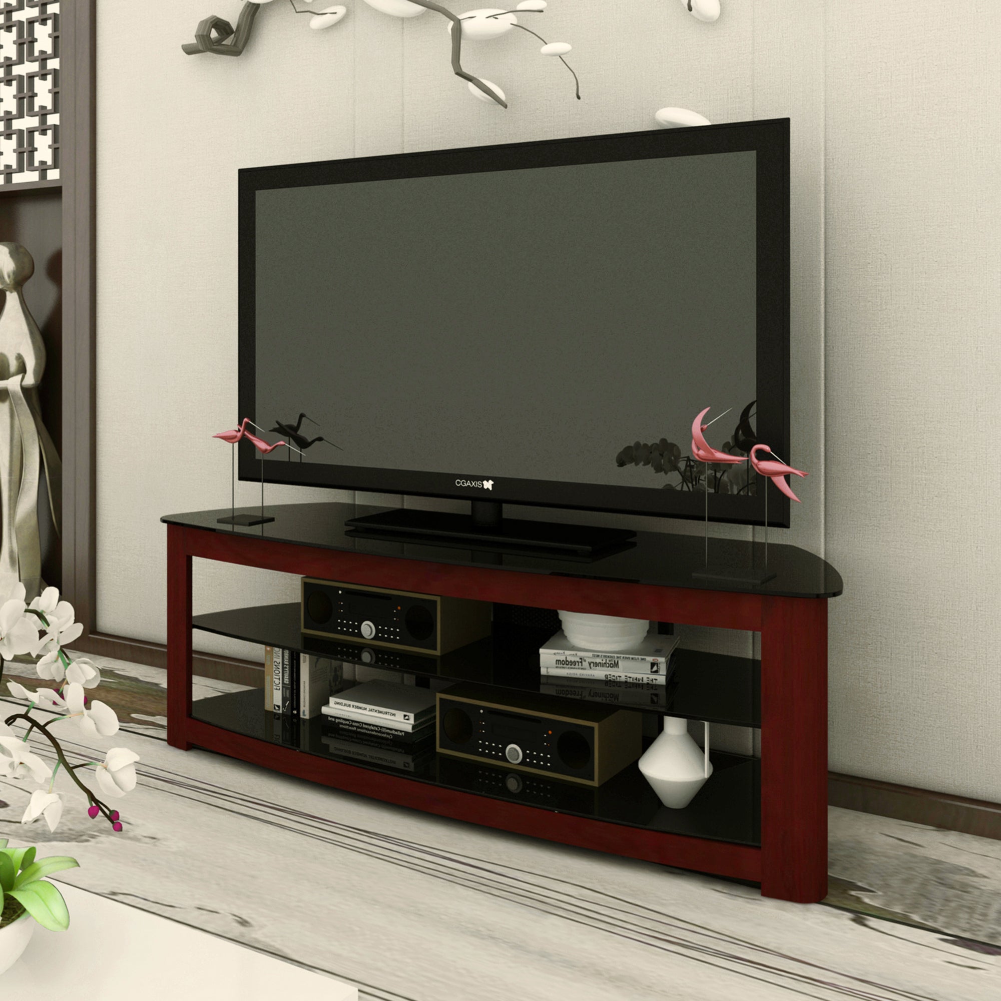 Walnut TV Stand with 2 Tier Storage Space Fits TV Up To 65 in - Atlantic Fine Furniture Inc