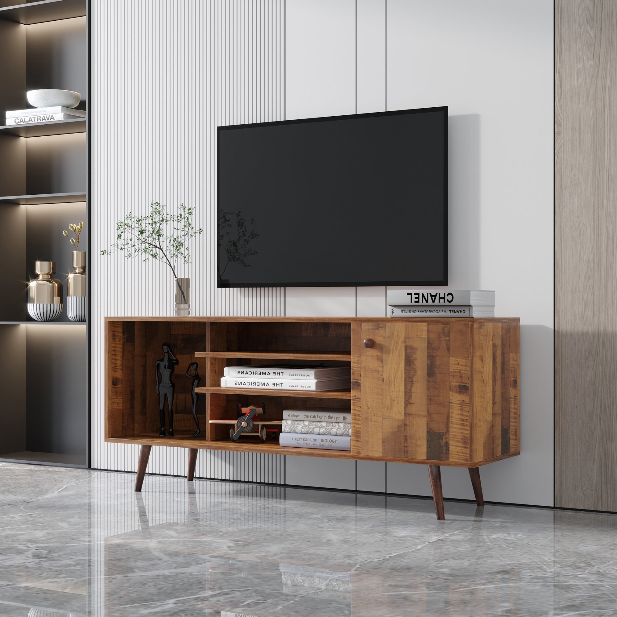 TV Stand Use in Living Room Furniture with 1 storage and 2 shelves Cabinet, high quality particle board,fir wood - Atlantic Fine Furniture Inc