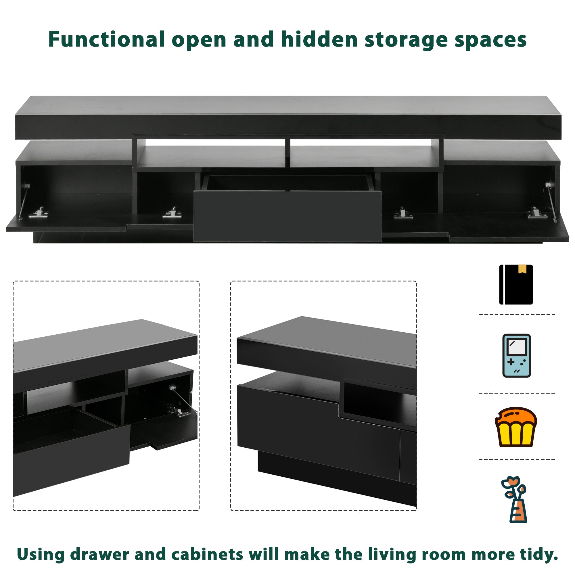 On-Trend TV Stand with 4 Open Shelves, Modern High Gloss Entertainment Center for 75 Inch TV, Universal TV Storage Cabinet with 16-color RGB LED Color Changing Lights, Black - Atlantic Fine Furniture Inc