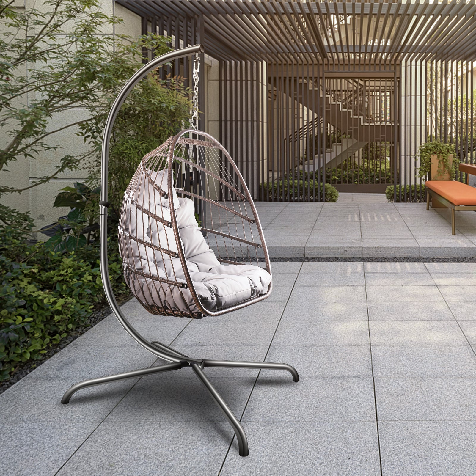 Swing Egg Chair with Stand Indoor Outdoor Wicker Rattan Patio Basket Hanging Chair with C Type bracket , with cushion and pillow,Patio Wicker folding Hanging Chair - Atlantic Fine Furniture Inc