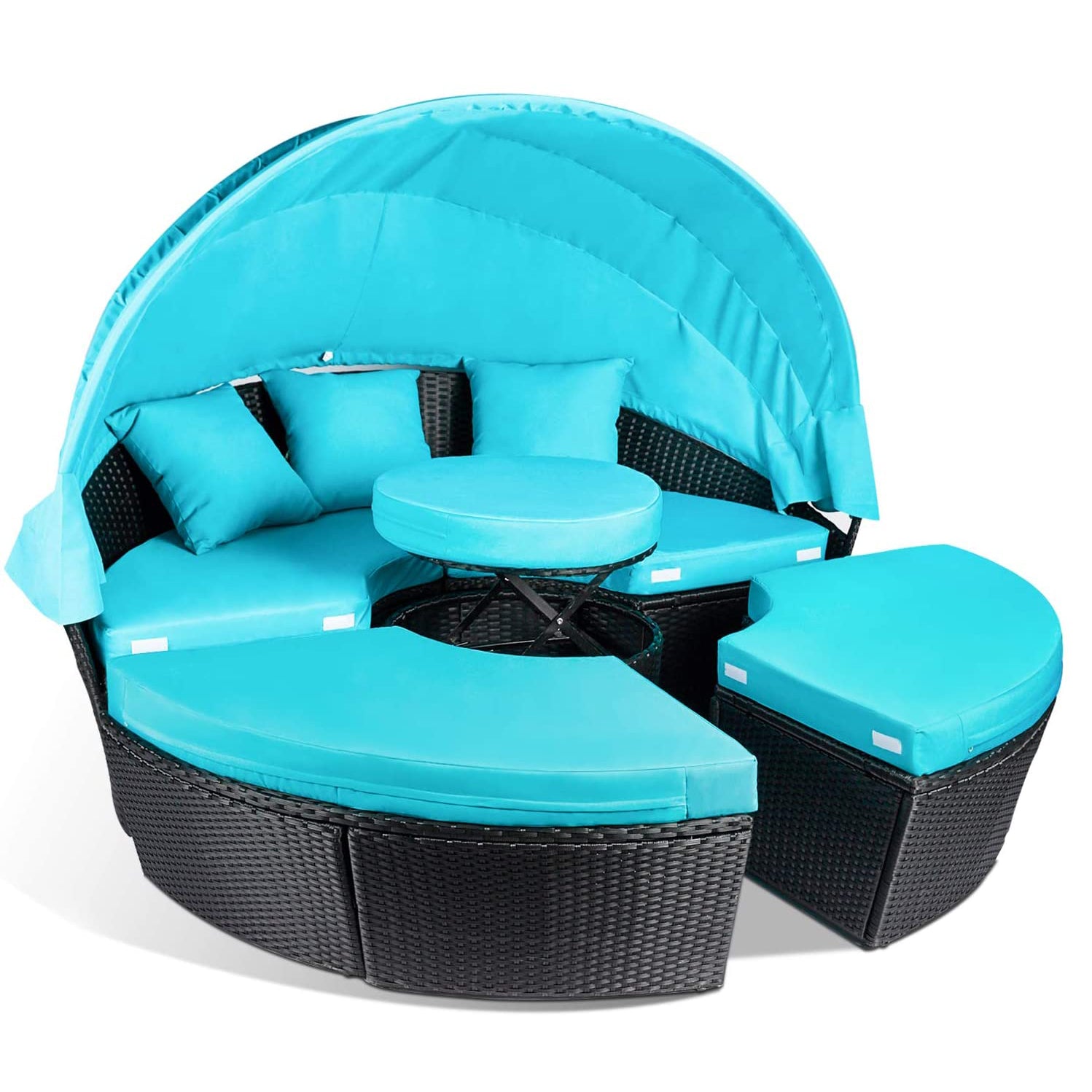 Patio Furniture Outdoor Daybed with Retractable Canopy and Soft Cushions, PE Wicker Rattan Round Sectional Sofa Set for Lawn Garden Backyard Poolside, Turquoise - Atlantic Fine Furniture Inc