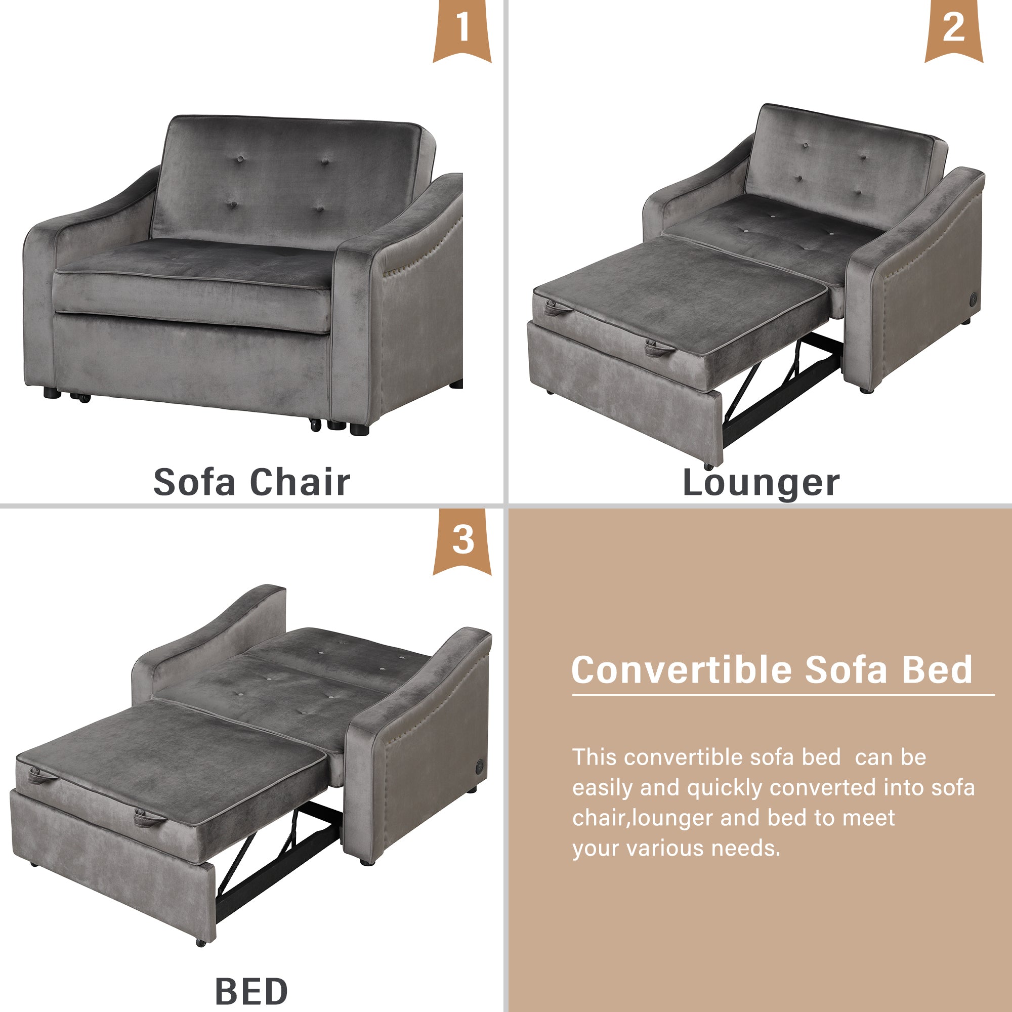 Orisfur. 50.6" Convertible Sleeper Bed, Adjustable Sofa Couch with Dual USB Ports for Living Room Space - Atlantic Fine Furniture Inc