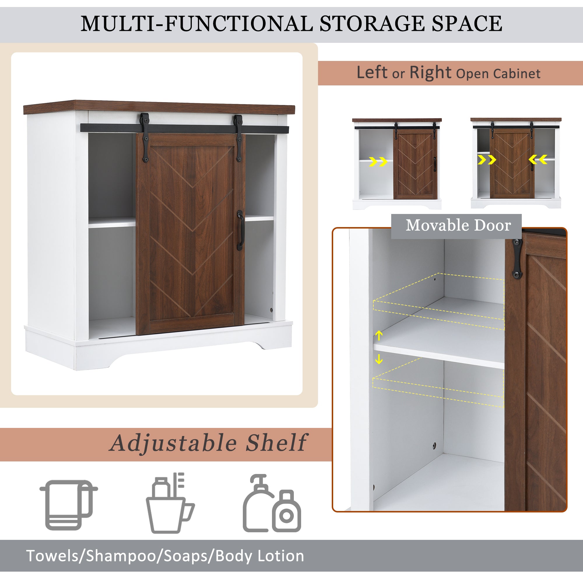 Bathroom Storage Cabinet, Freestanding Accent Cabinet, Sliding Barn Door, Thick Top, Adjustable Shelf, White and Brown - Atlantic Fine Furniture Inc