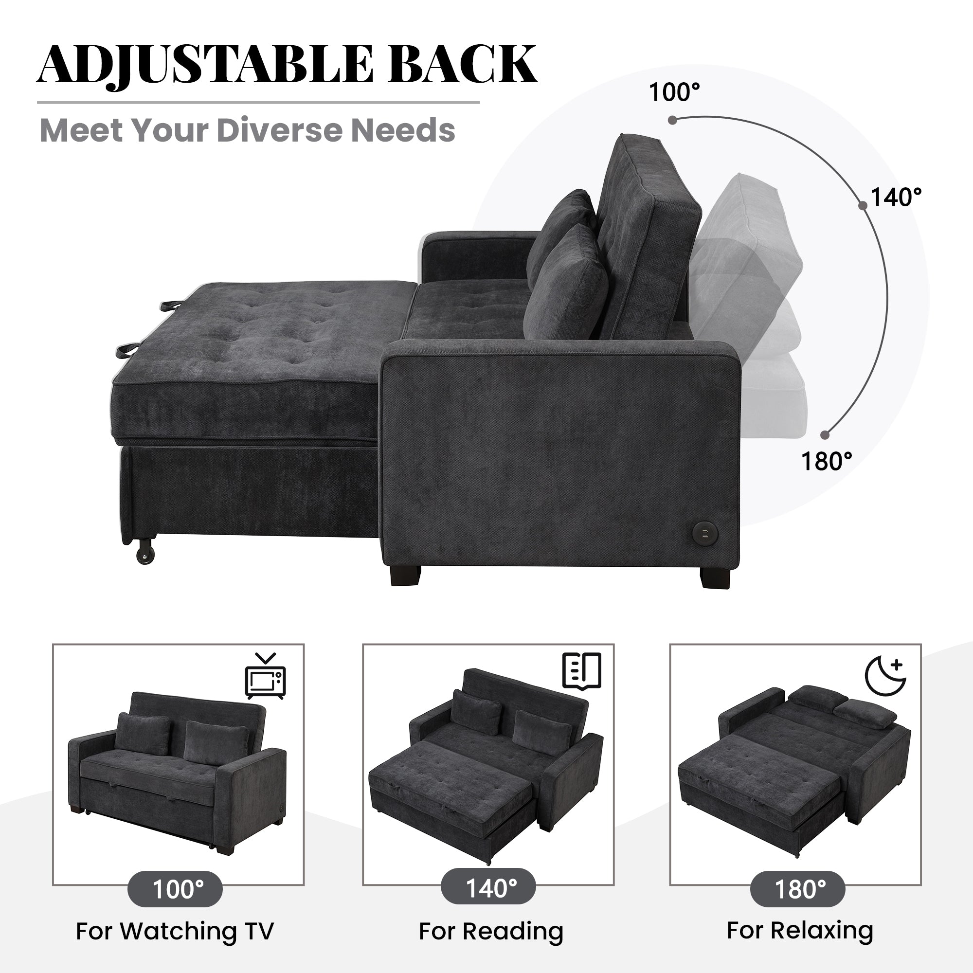 Linen Upholstered Sleeper Bed , Pull Out Sofa Bed Couch attached two throw pillows,Dual USB Charging Port and Adjustable Backrest for Living Room Space,Black - Atlantic Fine Furniture Inc