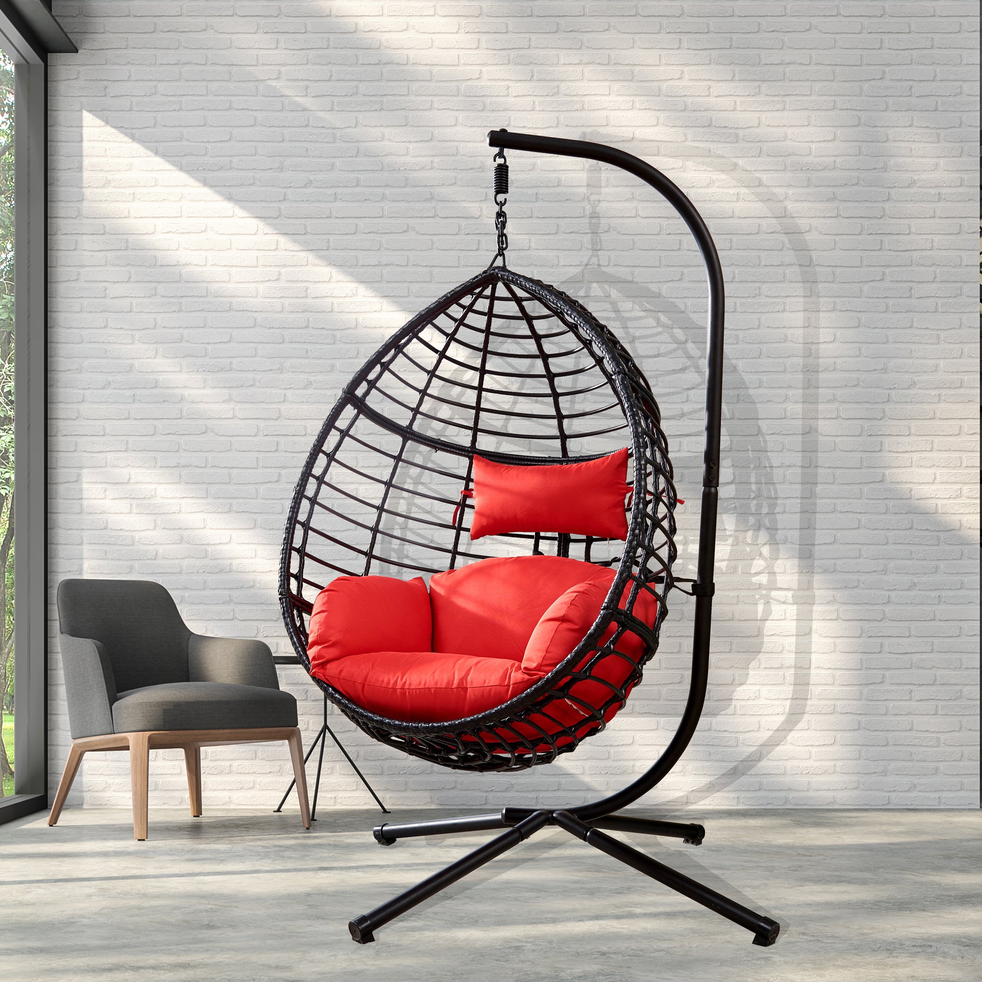 Swing Egg Chair With Stand, High-Quality Modern Design, 37.4x37.4x76.77 (Red) - Atlantic Fine Furniture Inc