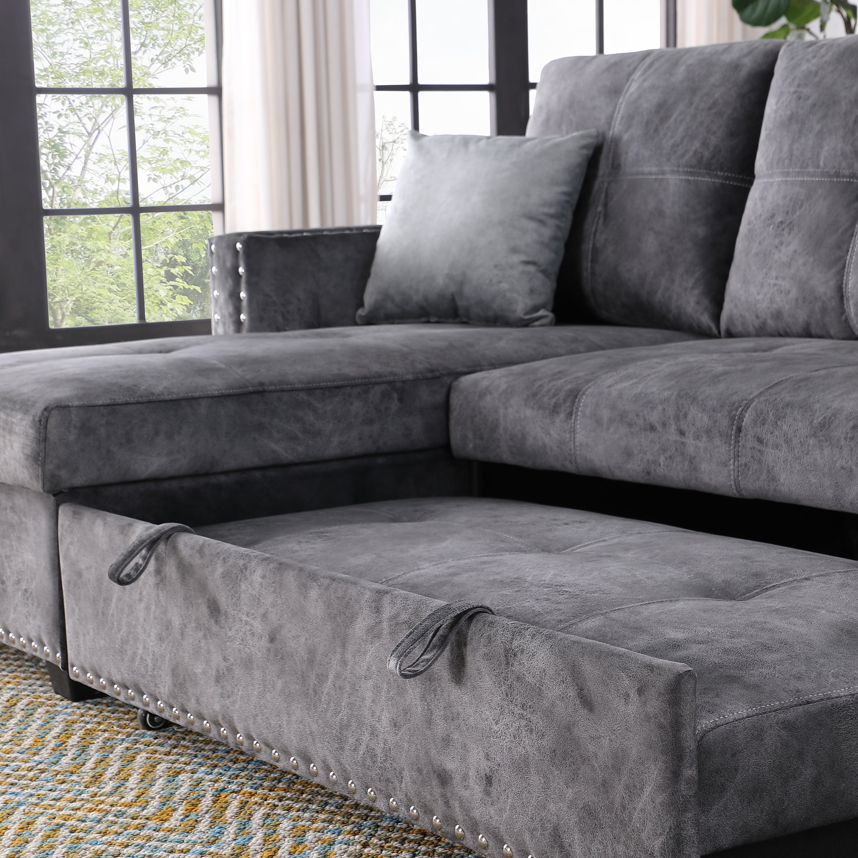 Reversible Sleeper Sectional Storage Sofa Bed,Corner Sofa-Bed With Storage,3 Seat Both Left Handed And Right Handed, Nailheaded - Atlantic Fine Furniture Inc