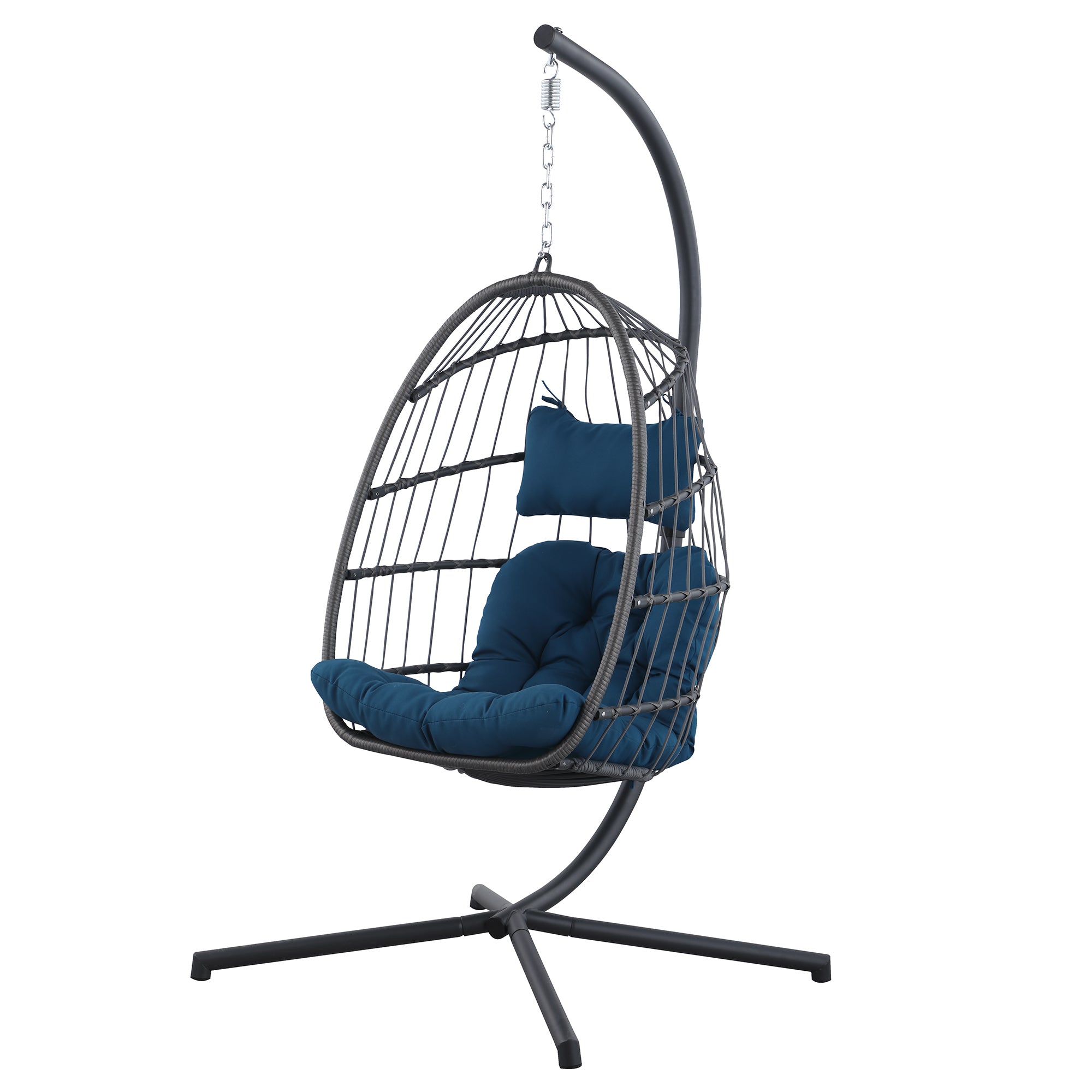 Indoor outdoor patio Wicker Hanging Chair Swing Chair Patio Egg Chair UV Resistant Blue cushion Aluminum frame - Atlantic Fine Furniture Inc