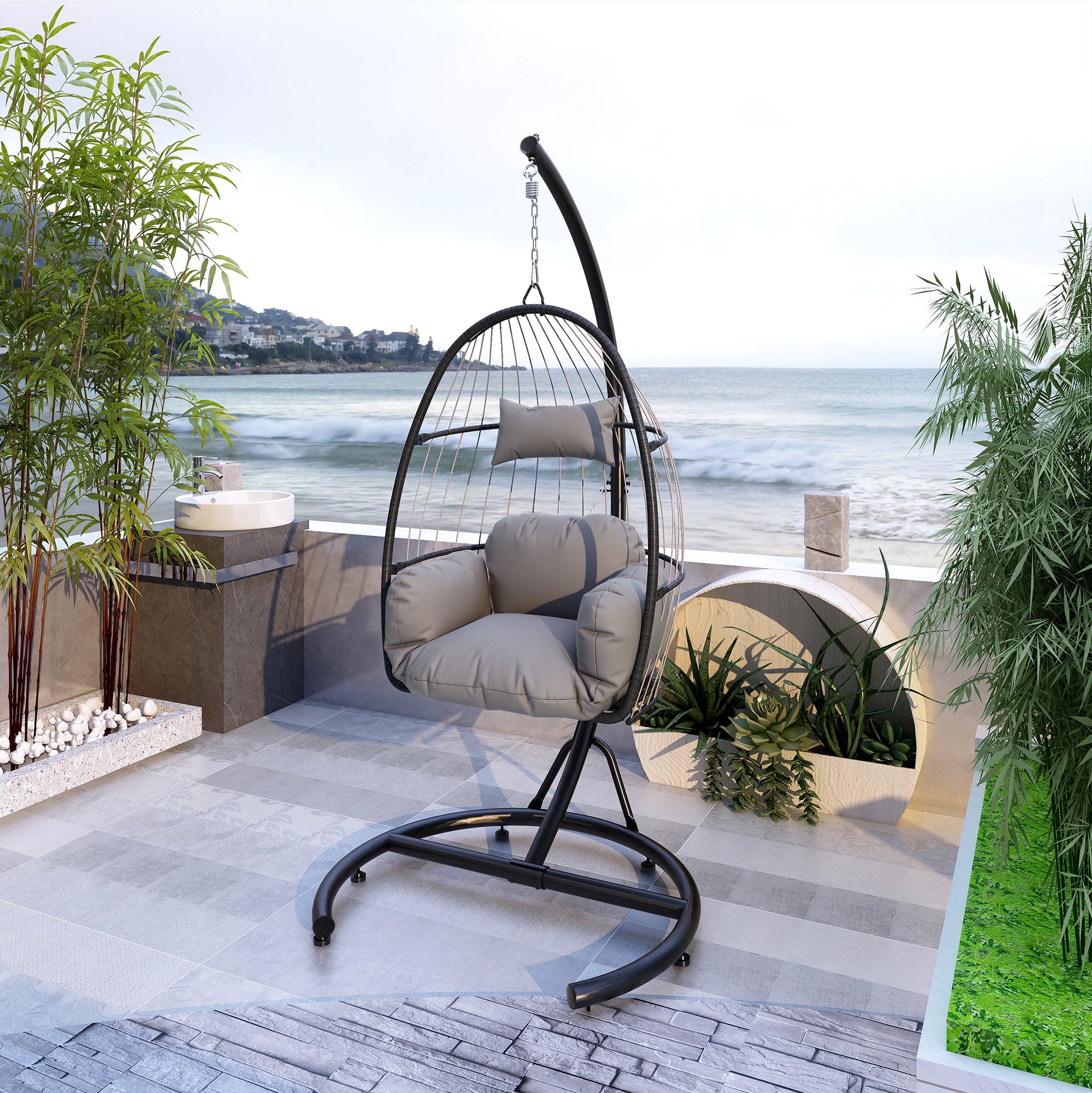 Hanging Swing Chair Outdoor Patio Wicker , PVC Rattan Swing Hammock Egg Chair with C Type Bracket , With Cushion and Pillow for Indoor,Outdoor,Gray - Atlantic Fine Furniture Inc