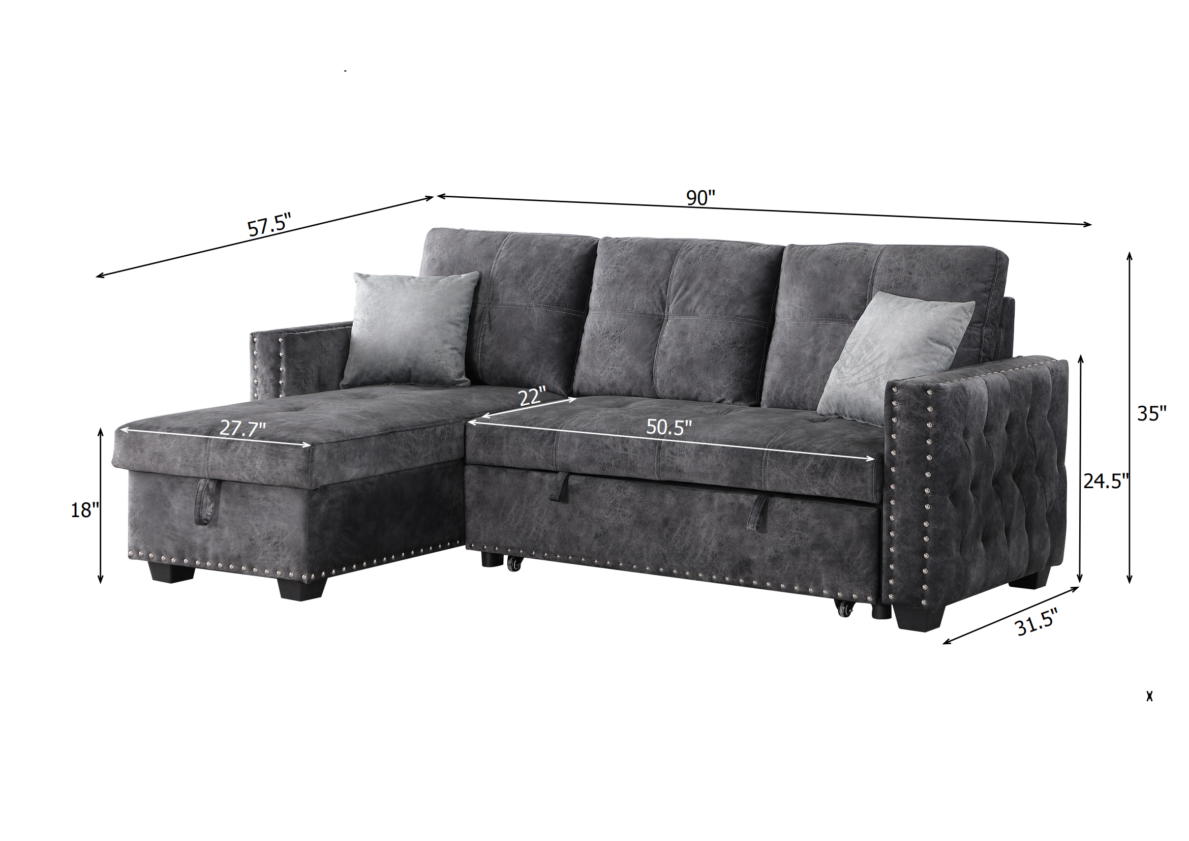 Reversible Sleeper Sectional Storage Sofa Bed,Corner Sofa-Bed With Storage,3 Seat Both Left Handed And Right Handed, Nailheaded - Atlantic Fine Furniture Inc