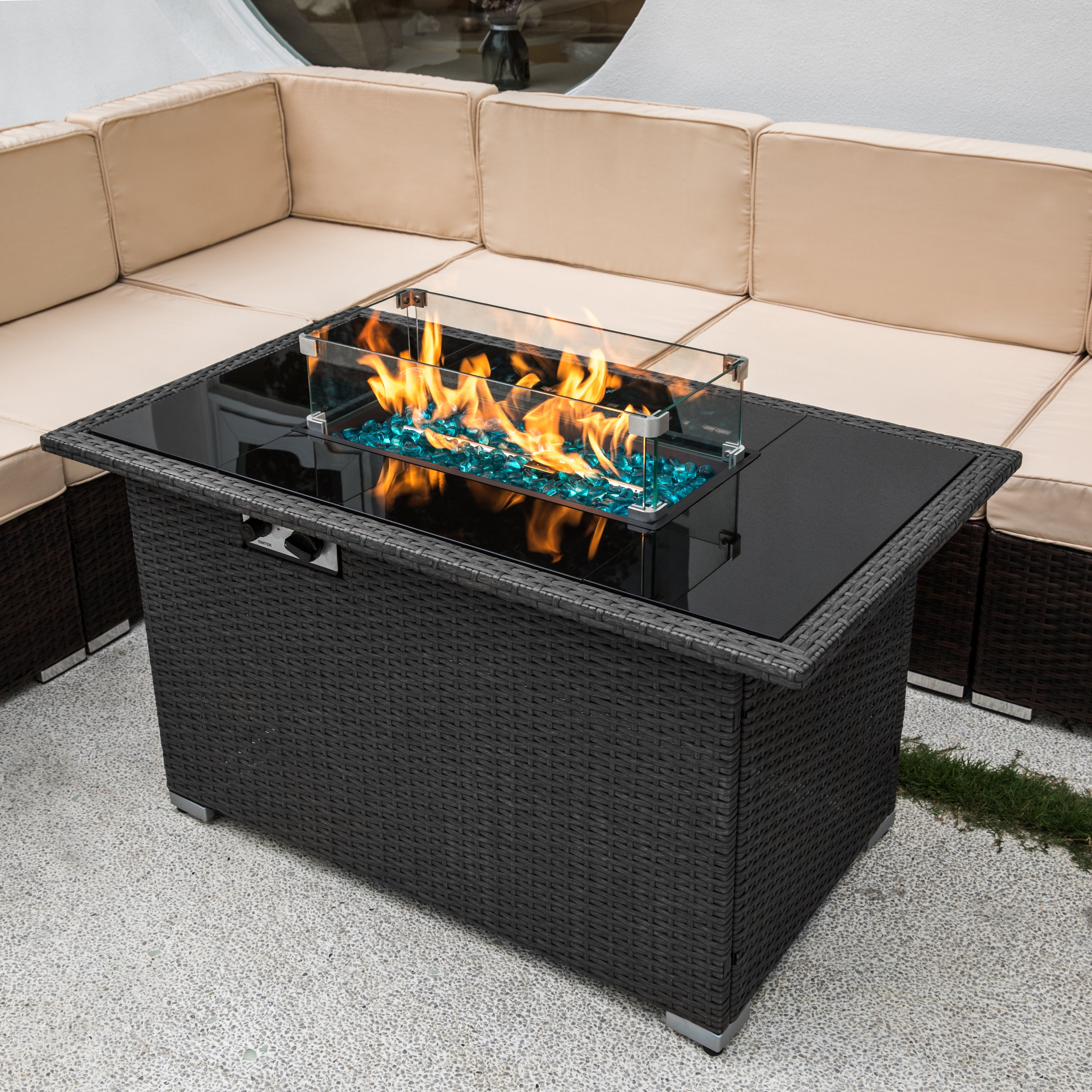 Outdoor 44" Gas Propane Fire pit Table Rectangle 50,000 BTU with 8mm Tempered Glass Tabletop & Blue Stone& Steel table lid &Table waterproof dusty Cover ,ETL Certification (Grey) - Atlantic Fine Furniture Inc