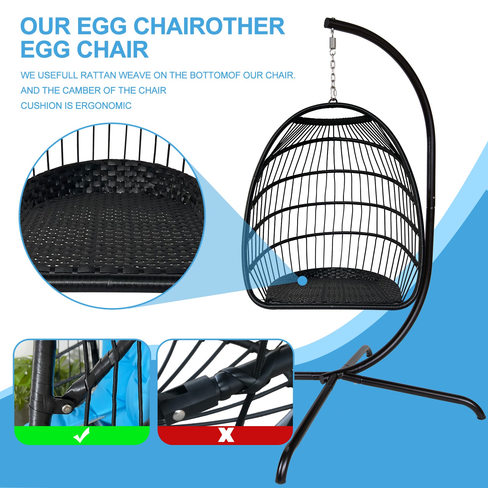 Swing Egg Chair with Stand Indoor Outdoor Wicker Rattan Patio Basket Hanging Chair with C Type bracket , with cushion and pillow,Patio Wicker folding Hanging Chair - Atlantic Fine Furniture Inc