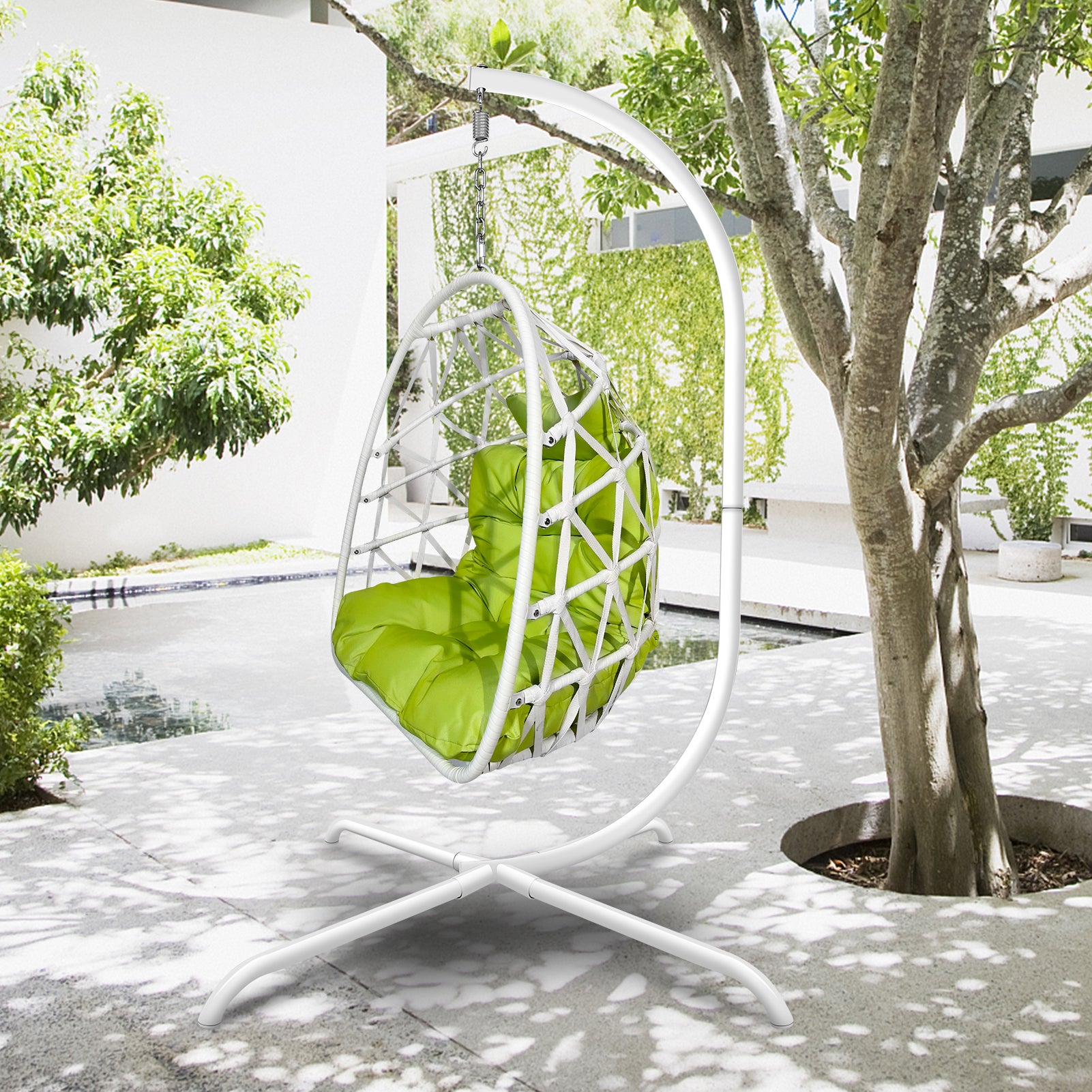 Swing Egg Chair with Stand Indoor Outdoor Wicker Rattan Patio Basket Hanging Chair with C Type bracket , with cushion and pillow,Patio Wicker folding Hanging Chair - Atlantic Fine Furniture Inc