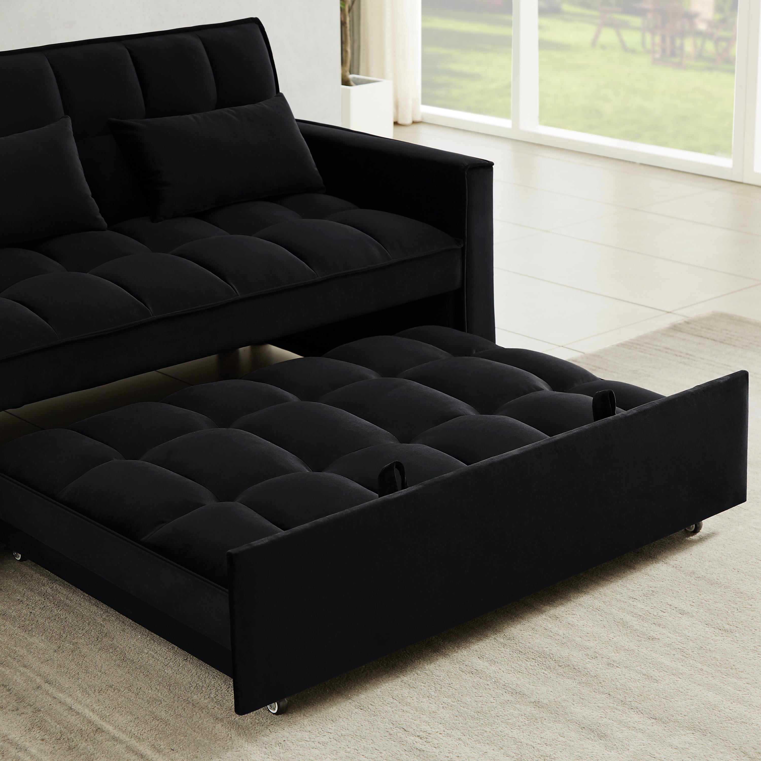 Modern Velvet Convertible Loveseat Sleeper Sofa Couch with Adjustable Backrest, 2 Seater Sofa With Pull-Out Bed with 2 Lumbar Pillows For Small Living Room & Apartment - Atlantic Fine Furniture Inc