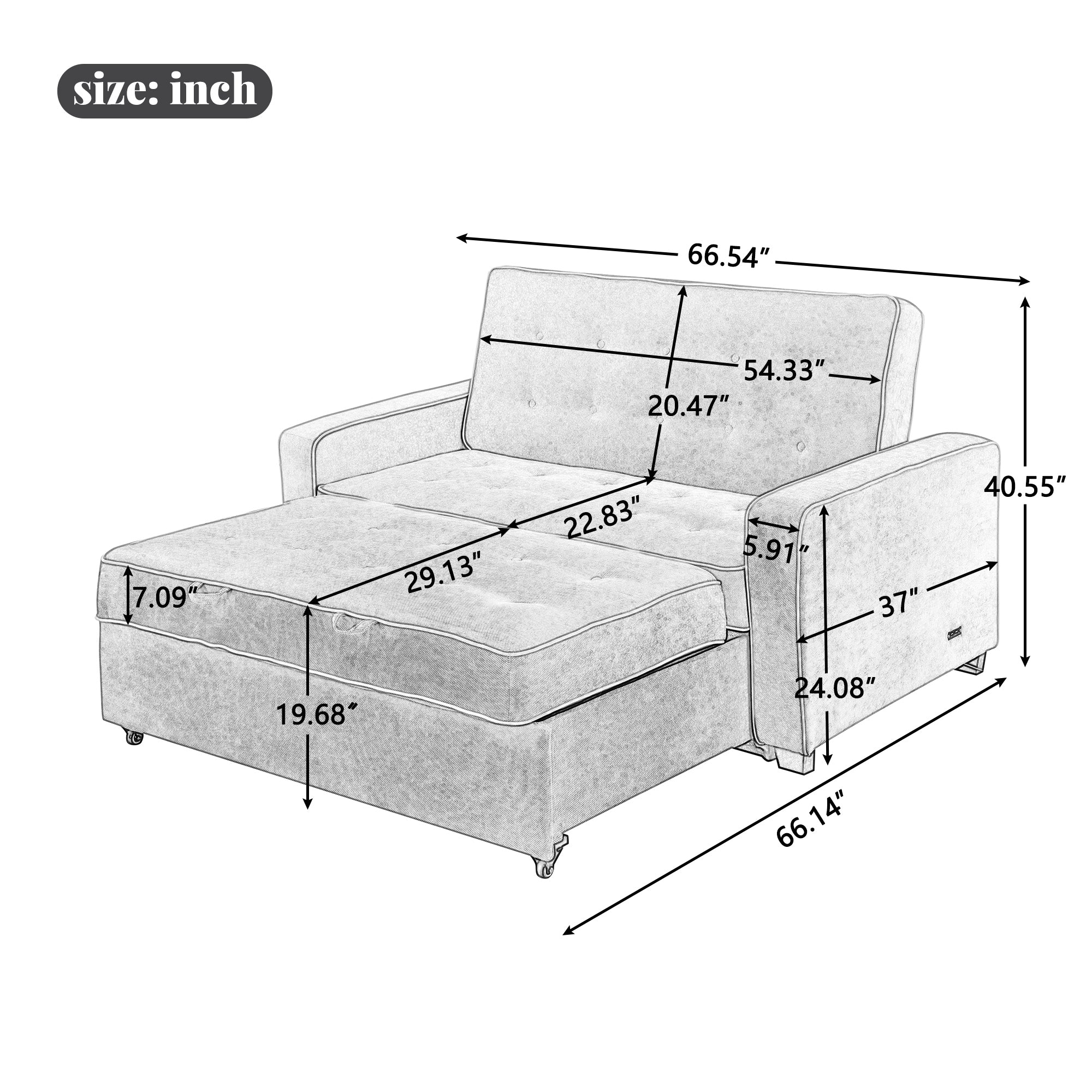 Orisfur. 66" Convertible Sleeper Bed, Adjustable Loveseat Couch with Dual USB Ports for Living Room Space - Atlantic Fine Furniture Inc