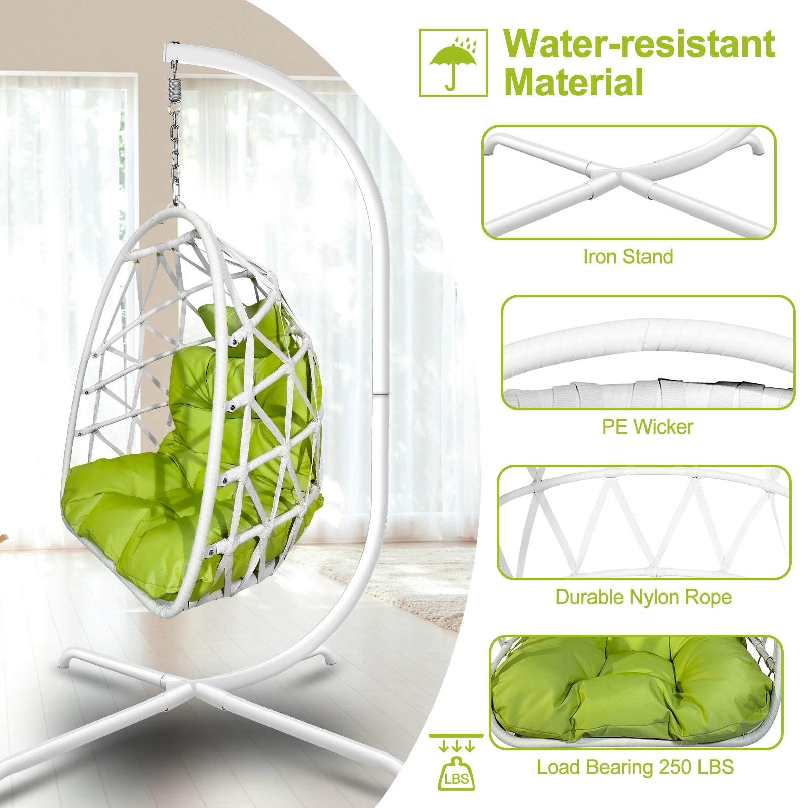 Swing Egg Chair with Stand Indoor Outdoor Wicker Rattan Patio Basket Hanging Chair with C Type bracket , with cushion and pillow,Patio Wicker folding Hanging Chair - Atlantic Fine Furniture Inc