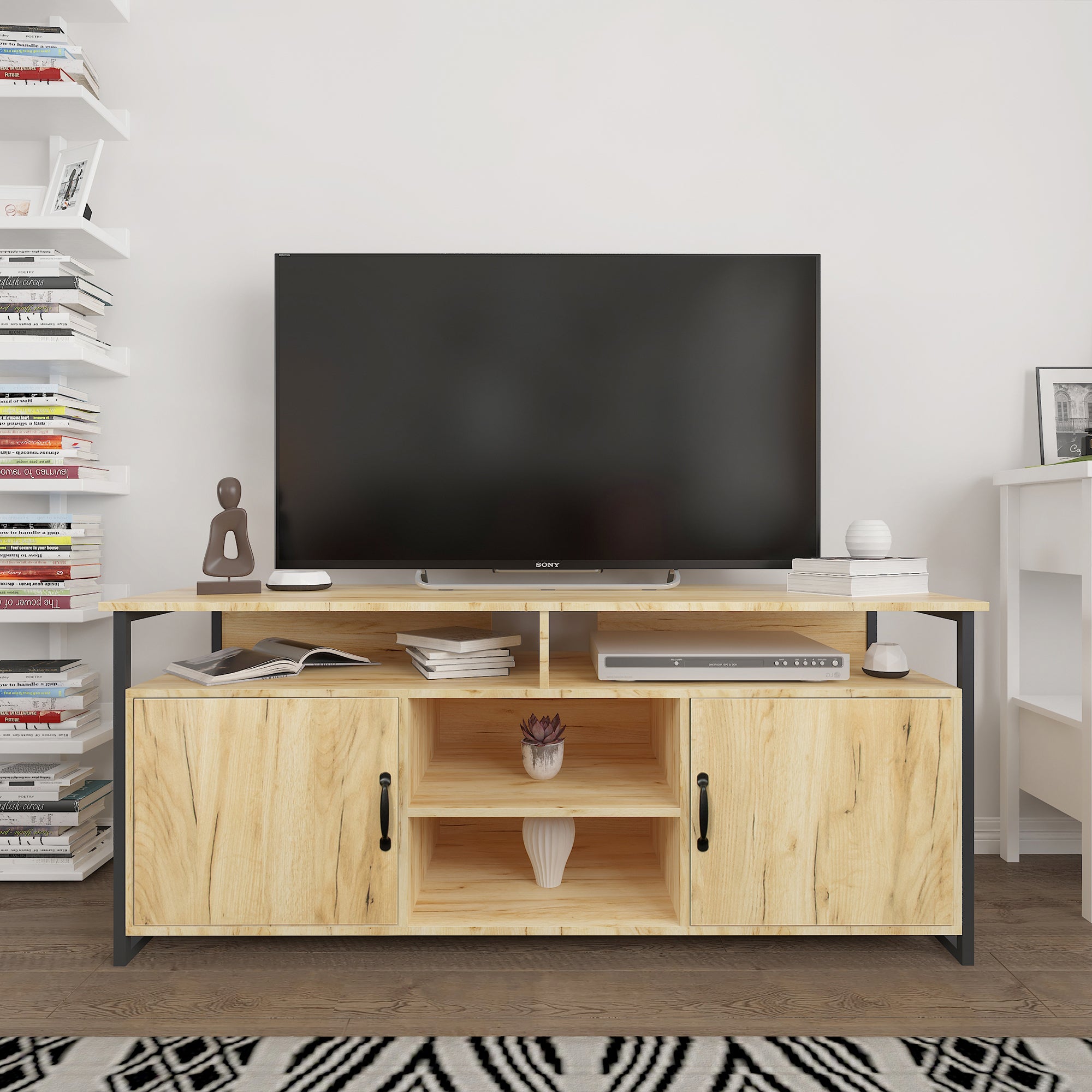 TV Stand ,Modern Wood Universal Media Console with Metal Legs, Home Living Room Furniture Entertainment Center,oak - Atlantic Fine Furniture Inc