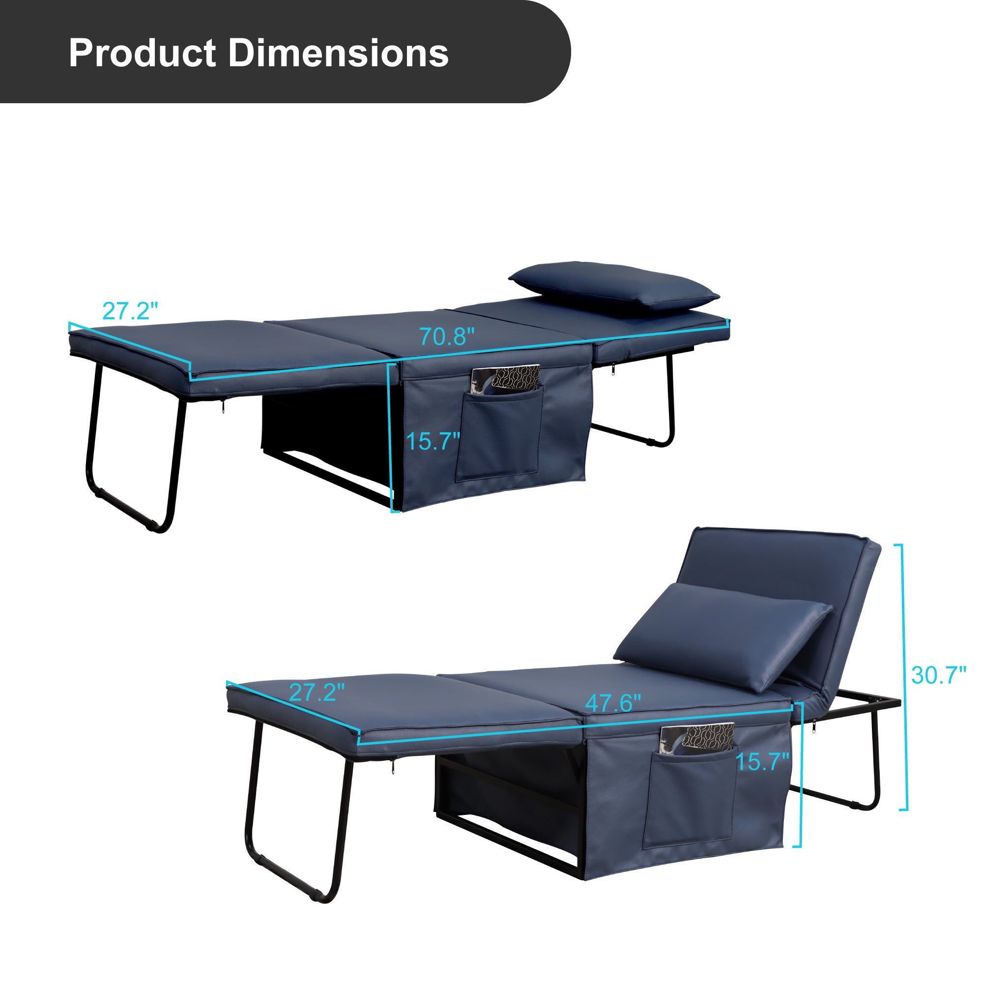 Sofa Bed 4 in 1 Ottoman Sleeper Bed Convertible Chair Bed with Adjustable Back Breathable Sleeper Guest Bed for Small Room, Blue - Atlantic Fine Furniture Inc