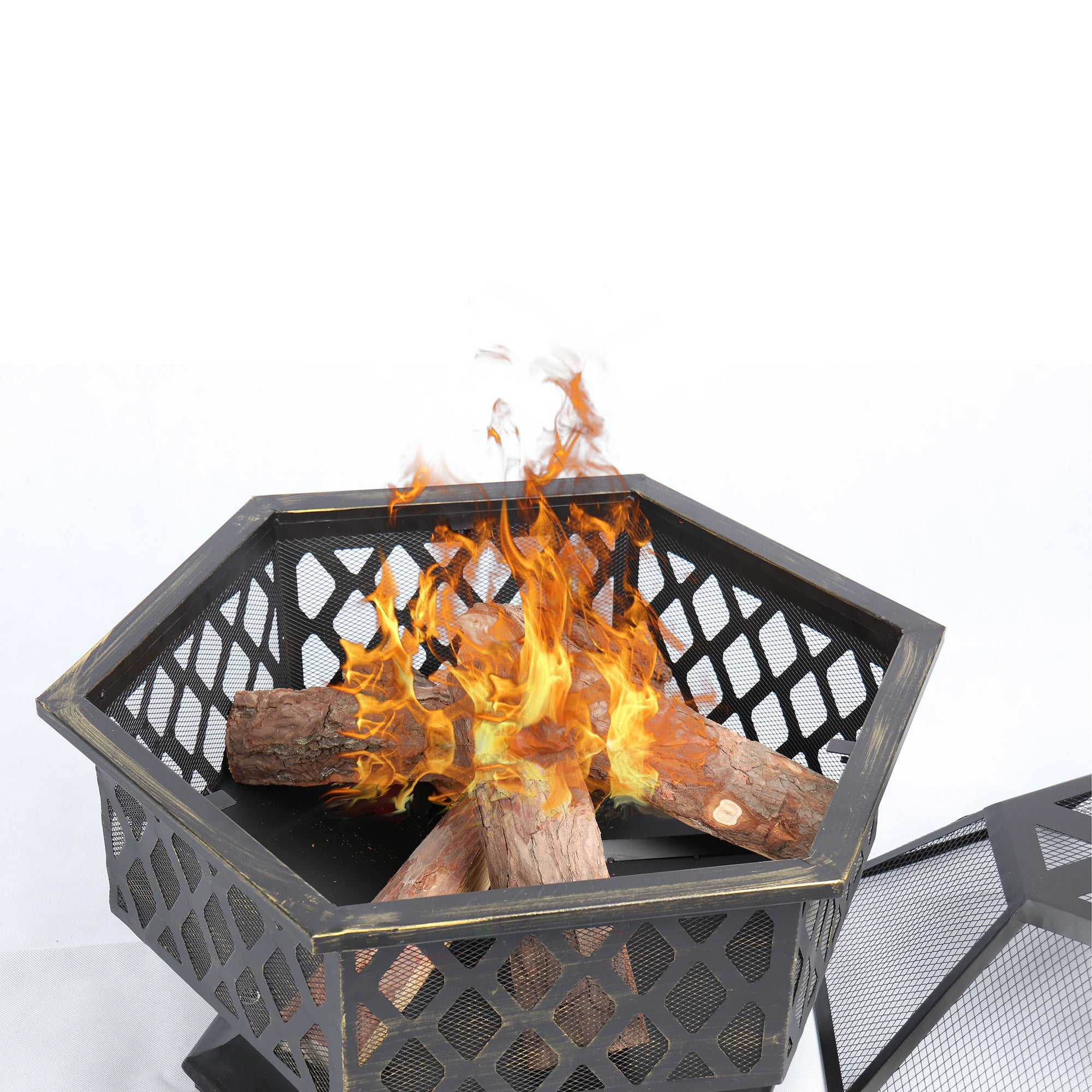Garden & Outdoor Hex-Shaped wood Fire Pit with Spark Screen Poker and Fireplace Cover - Atlantic Fine Furniture Inc