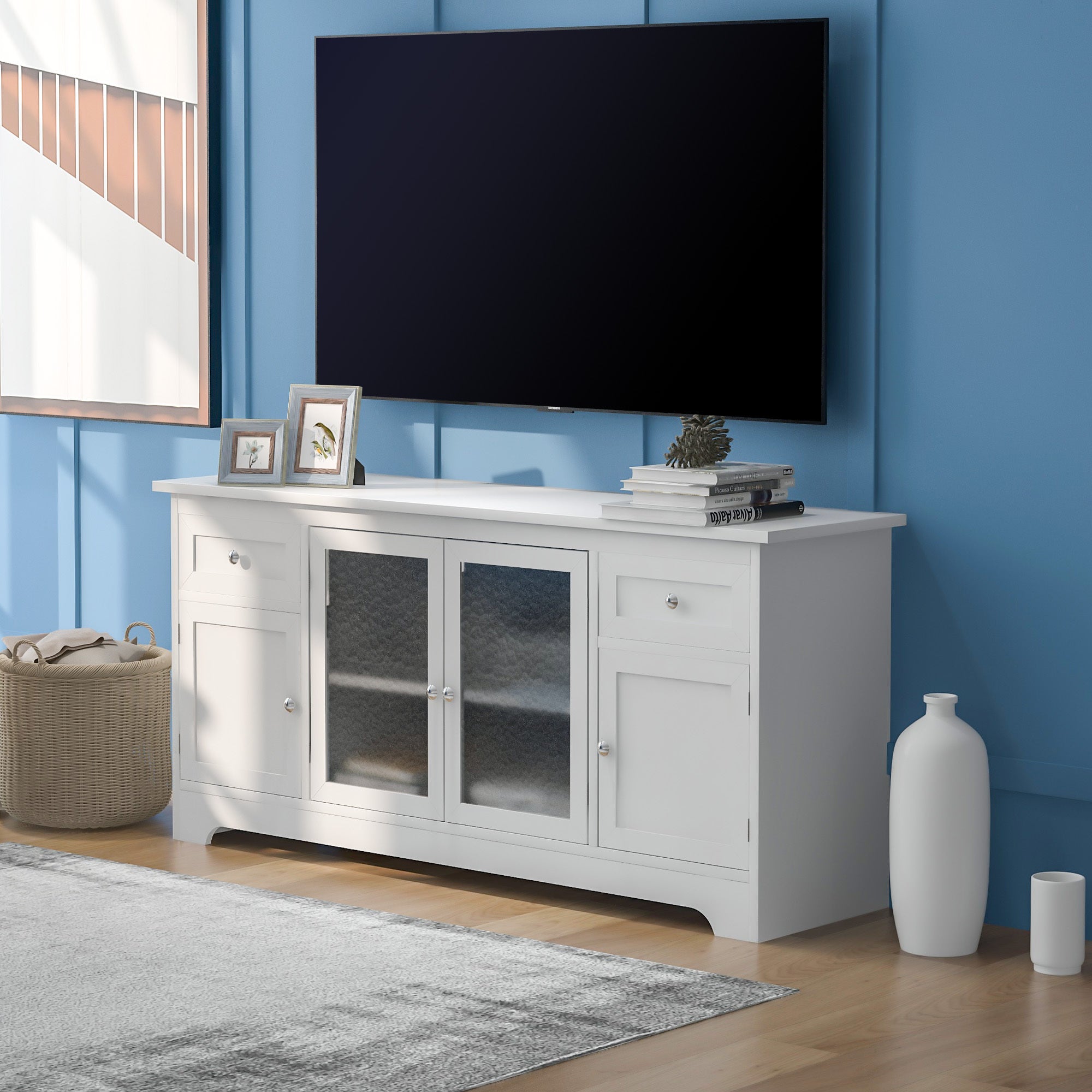 U-Can TV Stand for TV up to 65in with 4 Doors Adjustable Panels Open Style Cabinet, Sideboard for Living room, White - Atlantic Fine Furniture Inc