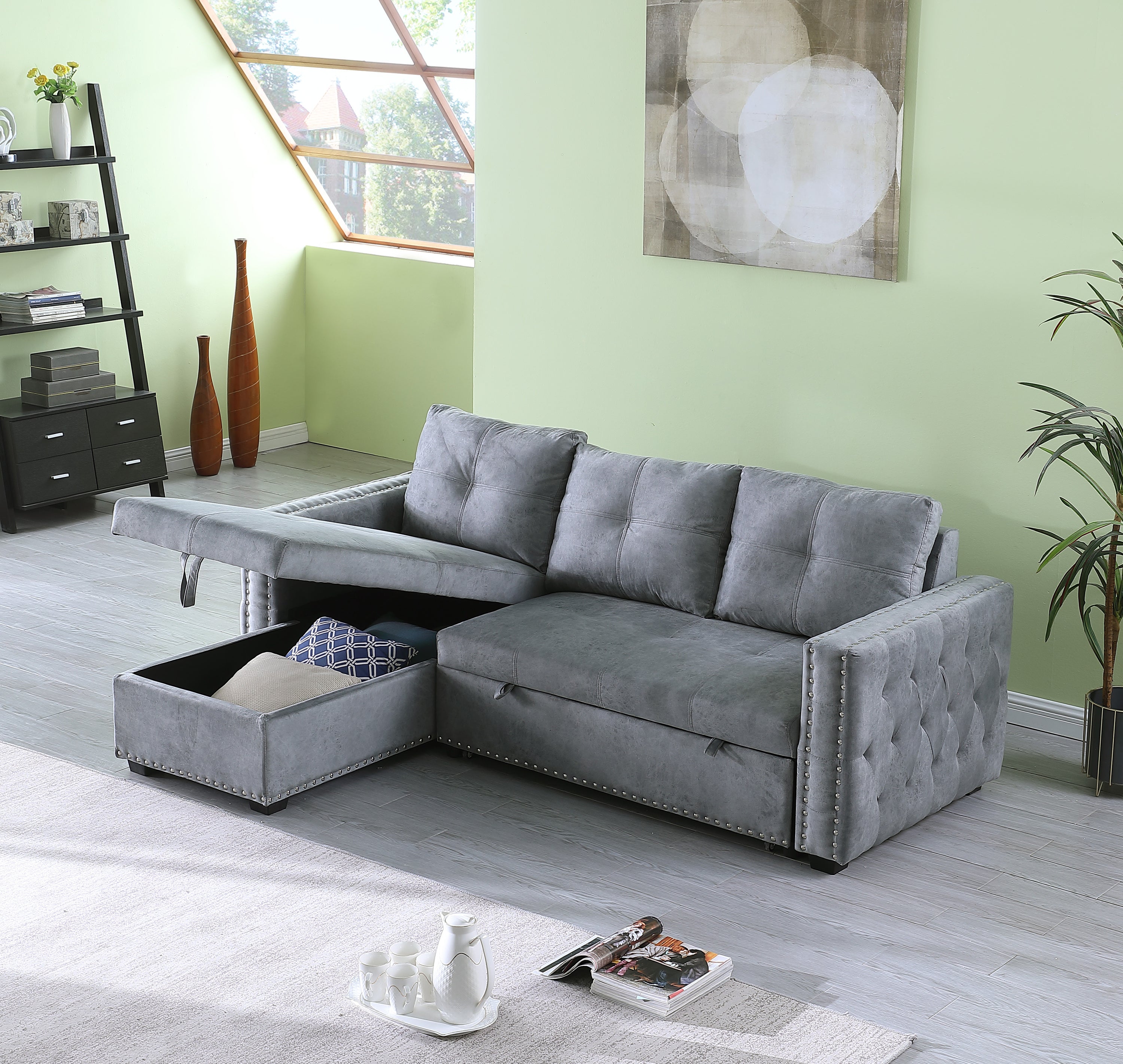 Reversible Sleeper Sectional Storage Sofa Bed,Corner Sofa-Bed With Storage,3 Seat Both Left Handed And Right Handed,Nailheaded - Atlantic Fine Furniture Inc