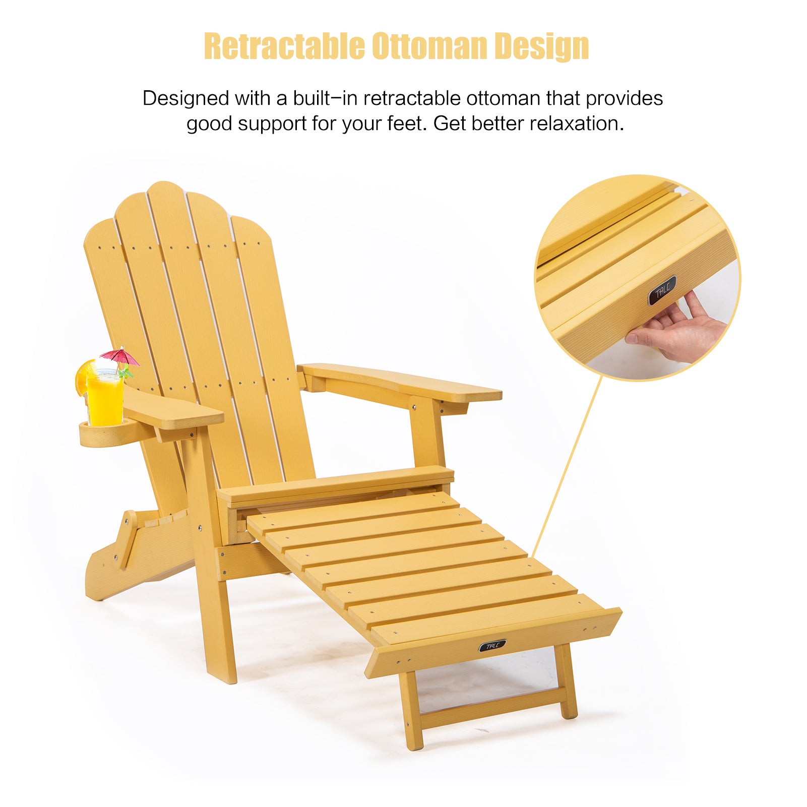 TALE Folding Adirondack Chair with Pullout Ottoman with Cup Holder, Oversized, Poly Lumber, for Patio Deck Garden, Backyard Furniture, Easy to Install,YELLOW. Banned from selling on Amazon - Atlantic Fine Furniture Inc