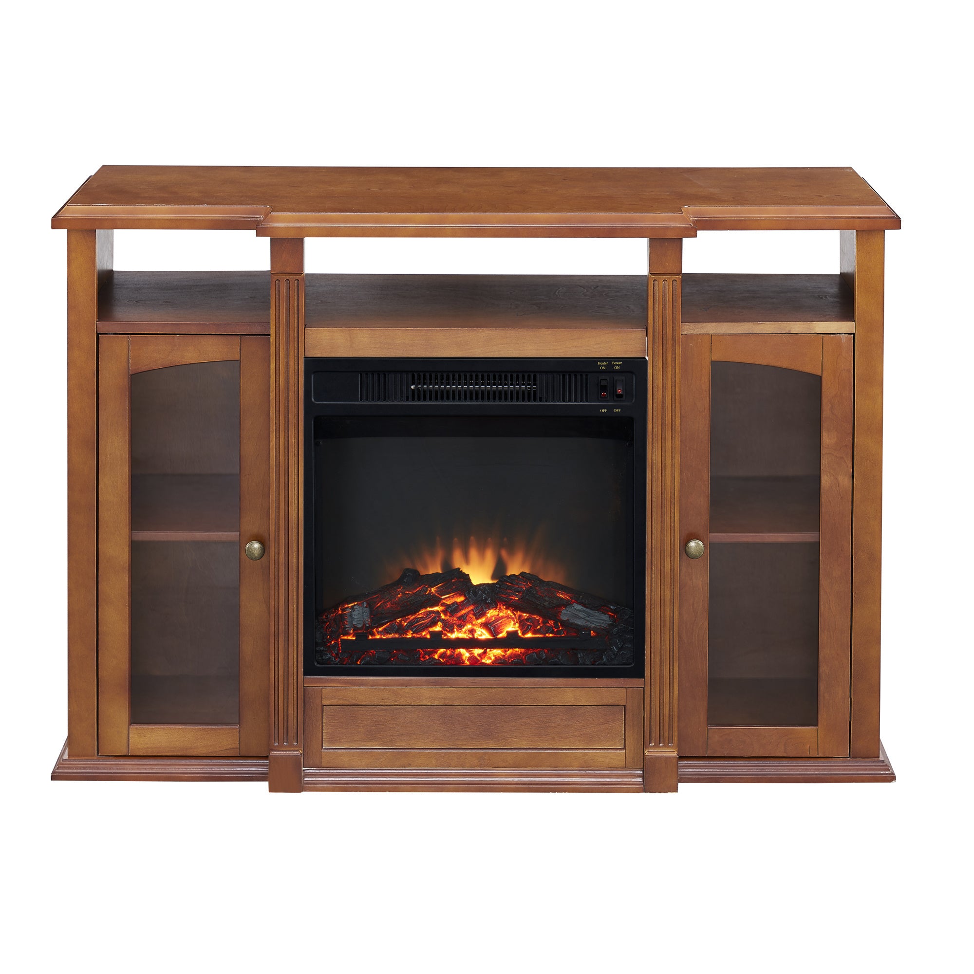 Modern Electric Fireplace TV Stand, Fit up to 55" Flat Screen TV with Two Tempered Glass Storage Cabinet and Adjustable Shelves Wood Veneer TV Console for Living Room, Cherry - Atlantic Fine Furniture Inc