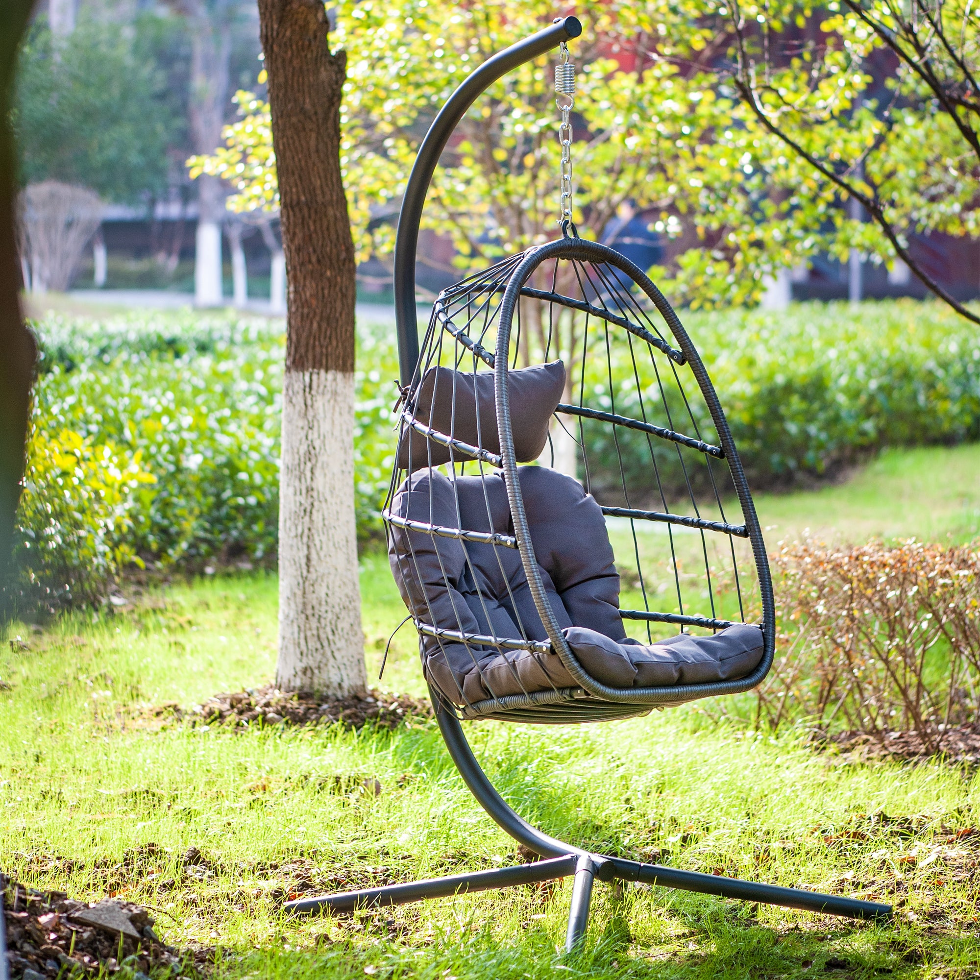 In door outdoor patio Wicker Hanging Chair Swing Chair Patio Egg Chair UV Resistant Dark grey cushion Aluminum frame - Atlantic Fine Furniture Inc